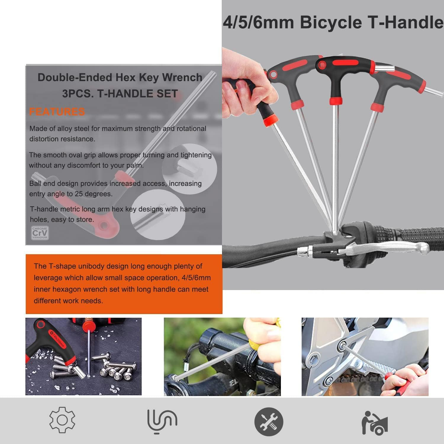 KEWAYO 3 PCS T-Handle Allen Wrench Set 4Mm、 5Mm 、6Mm Bike Allen Hex Key Set for Bicycle Pedal Handlebar Disc Brake Mount Repair image number 4