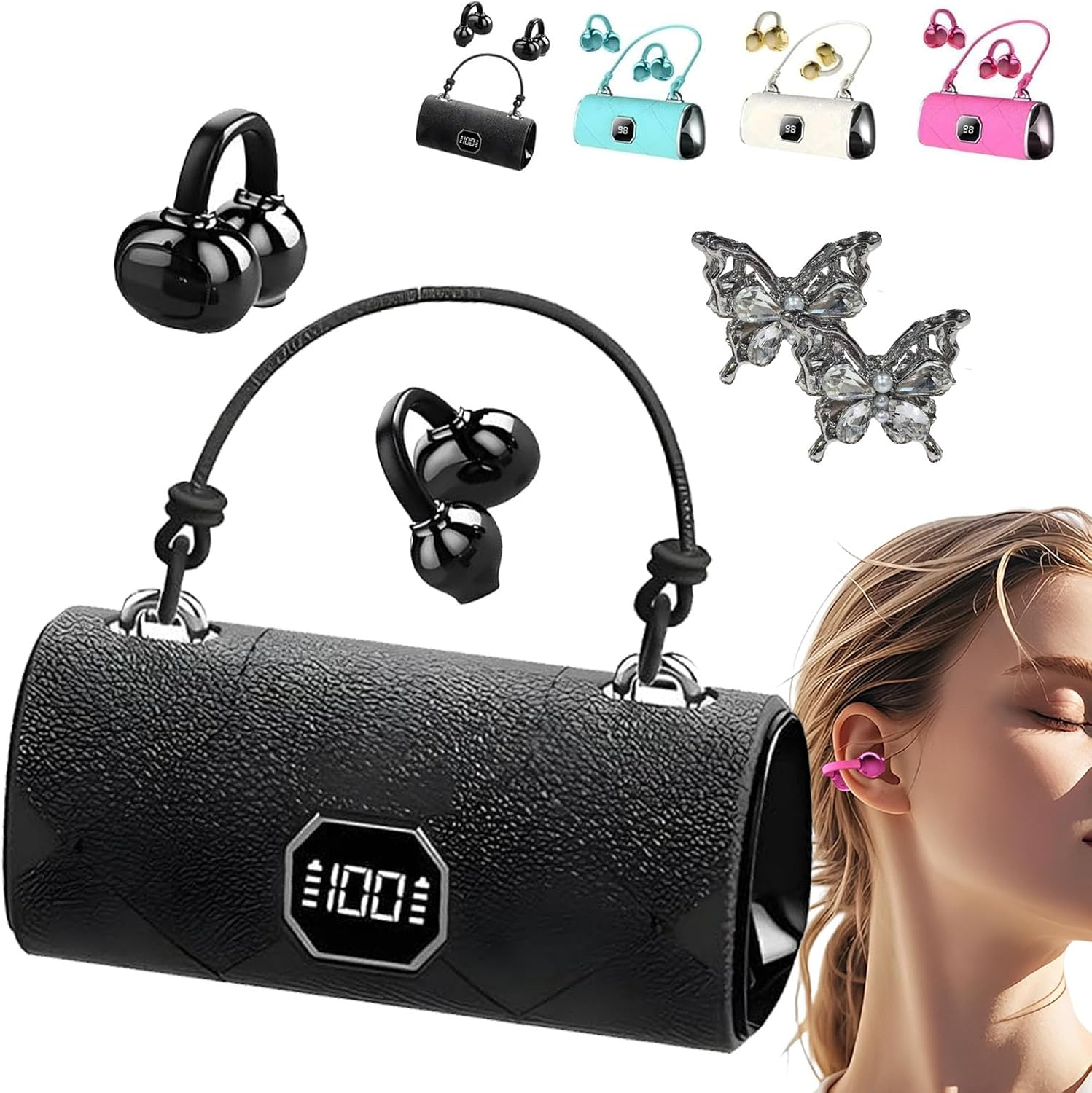 Fashionable Clip-On Wireless Headphones, X22 Clip on Wireless Headphones, Ear Cliheadset with LED HD Display, Ipx5 Waterproof Open Ear Bluetooth Earbuds (White with Decor)