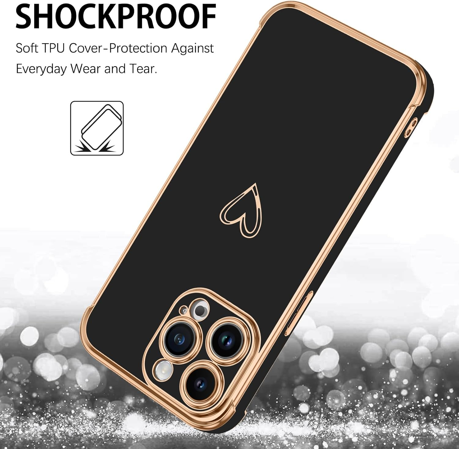 GUAGUA for Iphone 15 Pro Max Case, Luxury Bumper Case Iphone 15 Pro Max Case Cute Heart Pattern Cover for Women Camera Protection & 4 Corners Shockproof Protection Phone Cover Black image number 2