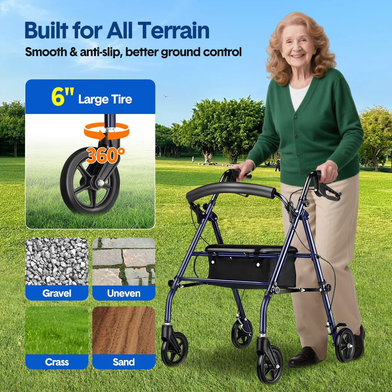 Rollator Walker with Seat, 4 Wheel, Height Adjustable, Foldable, with Brakes image number 5