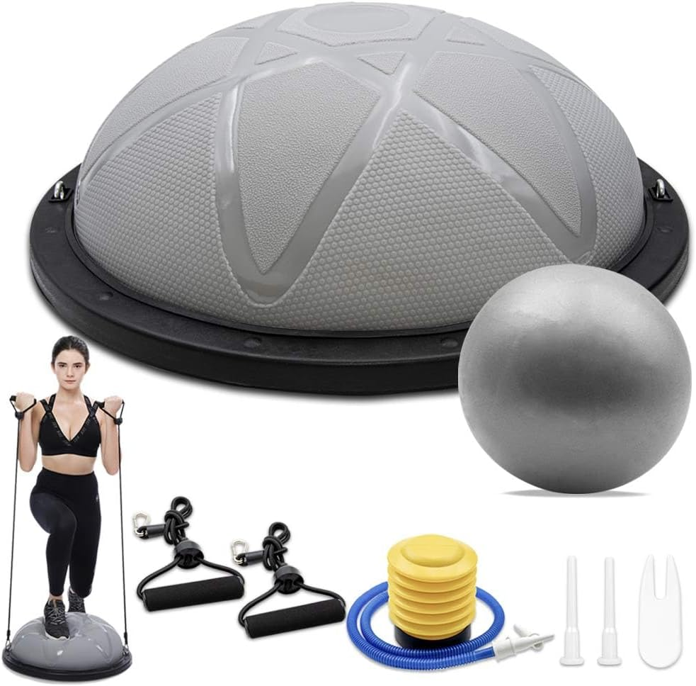 300KG Half Balance Ball Trainer,7Pcs Half Exercise Balance Ball Trainer Set with 2 Resistance Bands,Yoga Ball&Foot Pump,58Cm Stability Ball for Full Body Workout,Exercises,Home Gym,Physical Therapy