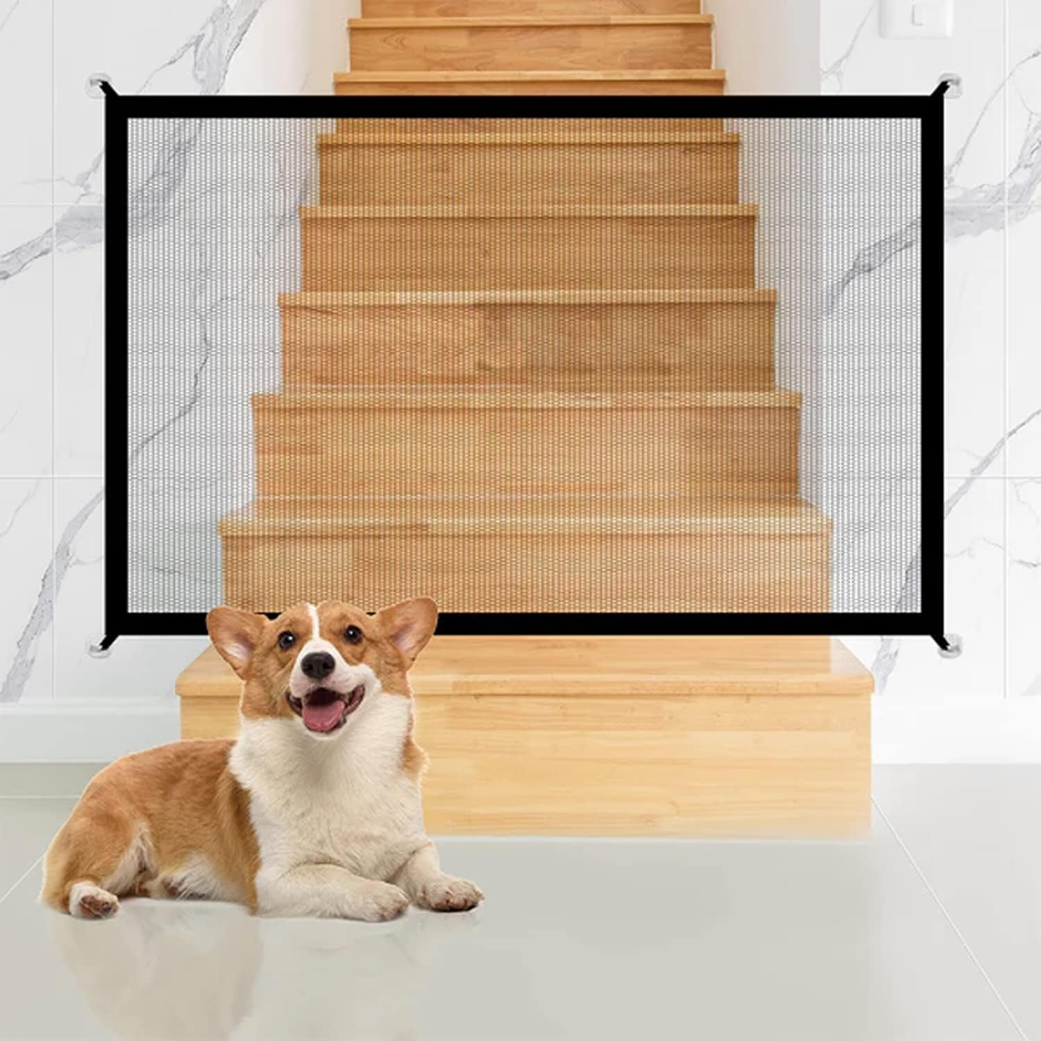 EZONEDEAL Pet Mesh Gate, Portable Folding Mesh Magic Gate for Stairs Wide 70.8"X27.56", Retractable Dog Cat Safe Gate Guard Safety Fence for Hall Doorway Door Stair House Wall Mount, Dog Stairs Gate image number 1