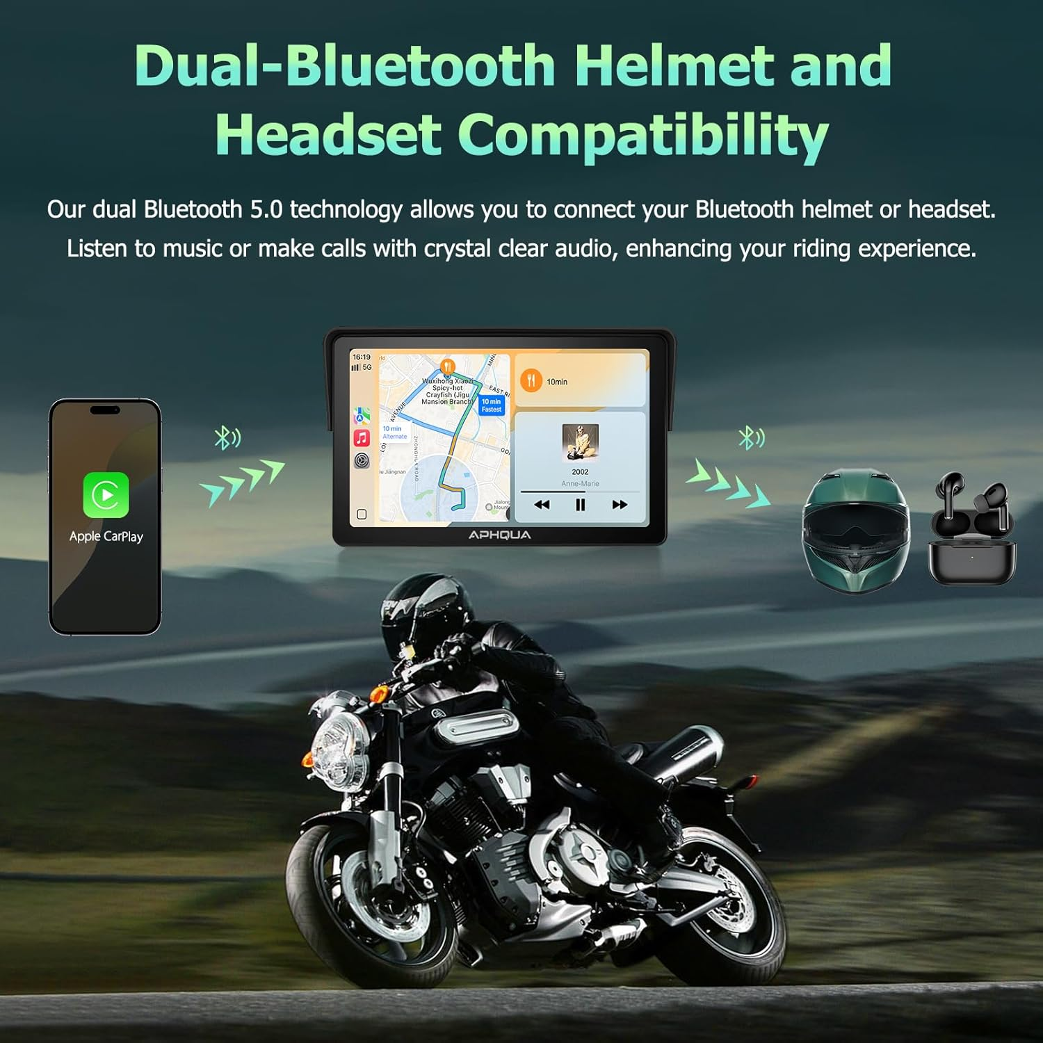 APHQUA Motocycle Carplay-7-Inch Motorcycle GPS Navigation System with Apple Carplay & Android Auto, Waterproof Touchscreen, Bluetooth, IP67 Waterproof for Motorbike, Support Siri & Google Assistant image number 6