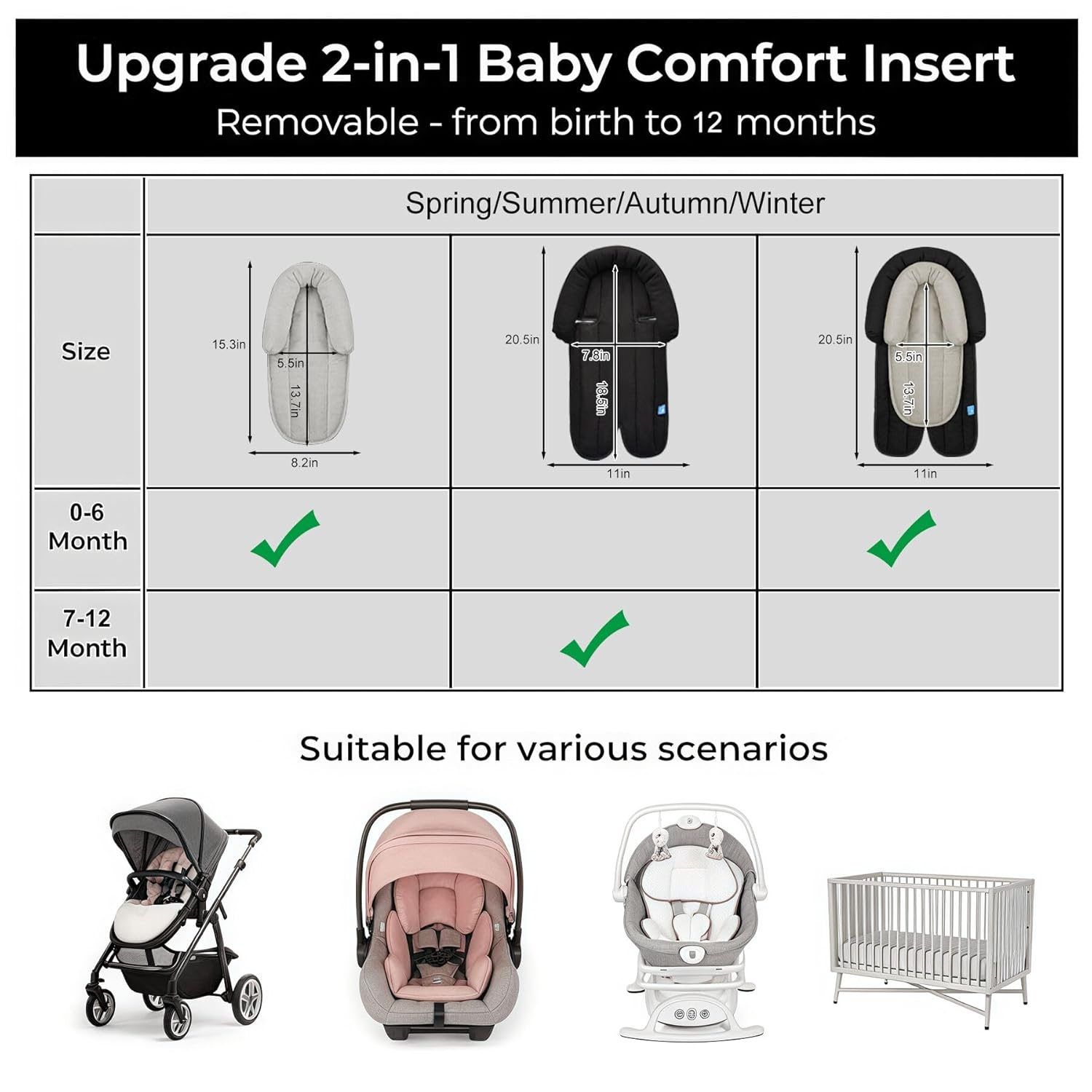 COOLBEBE Upgraded 2-In-1 Head & Body Supports for Newborn Infant - Extra Soft Breathable Car Seat Insert Cushion Pad, Perfect for Carseat, Stroller, Swing, Bouncer Black, CBHS-003B - Pink-Cotton image number 3