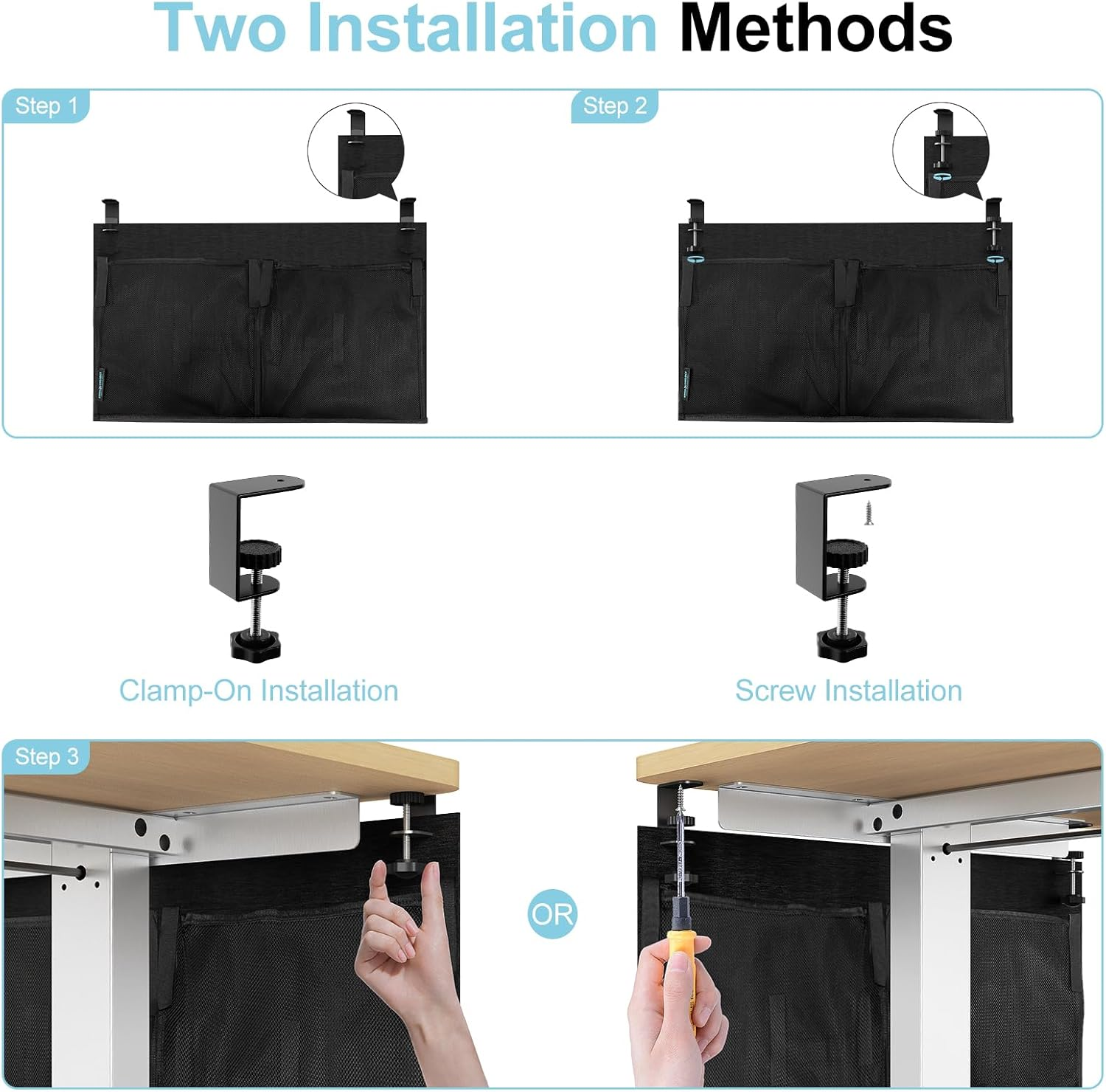 ERGO COLLECT 23.6" Felt under Desk Cable Management Tray with Privacy Panel, Cord Organizer Hides Wires & Power Board, for Home Office Computer & Gaming Desk, Clamp or Screw Mount, Black image number 1
