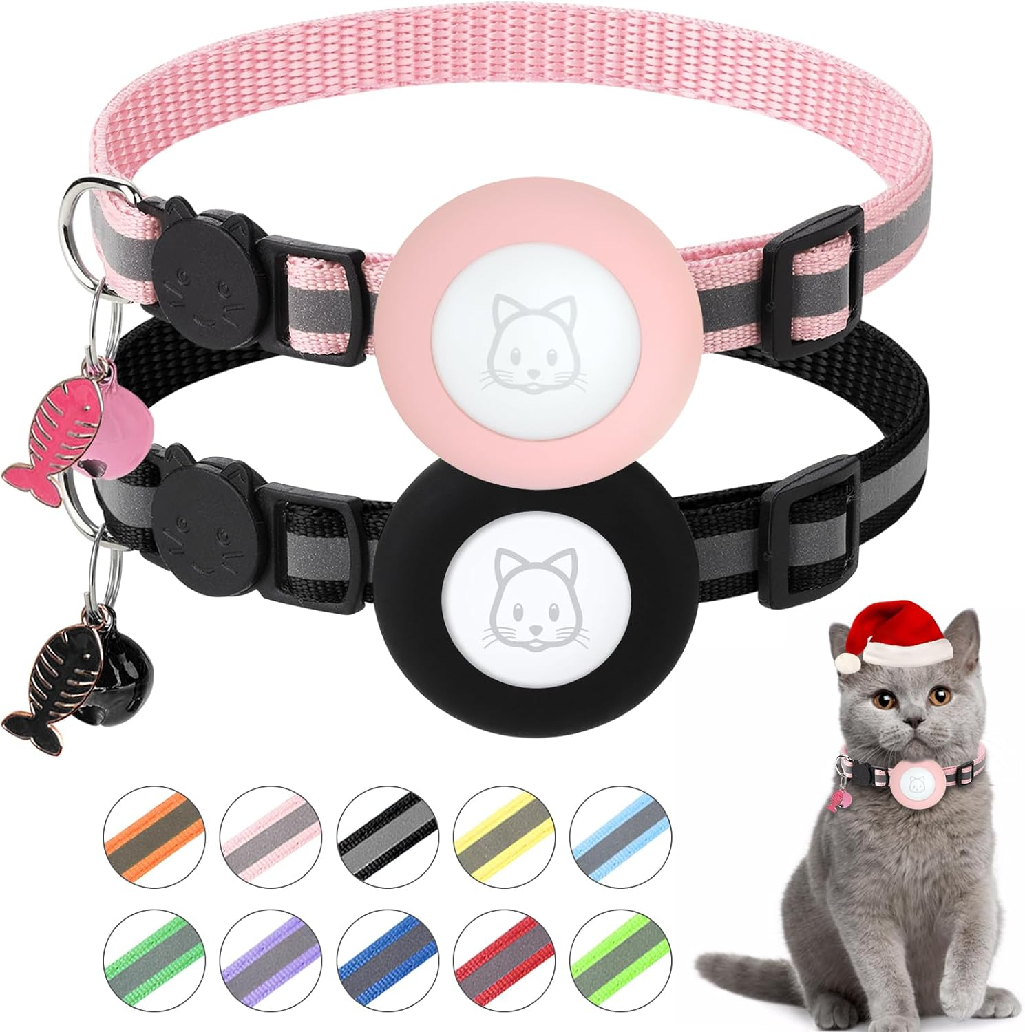 Simplethings Airtag Cat Collar, Air Tag Collar with Bell and Safety Buckle in 3/8'' Width, Reflective Waterproof Holder Compatible Apple for Dog Kitten Puppy (Black+Blue)