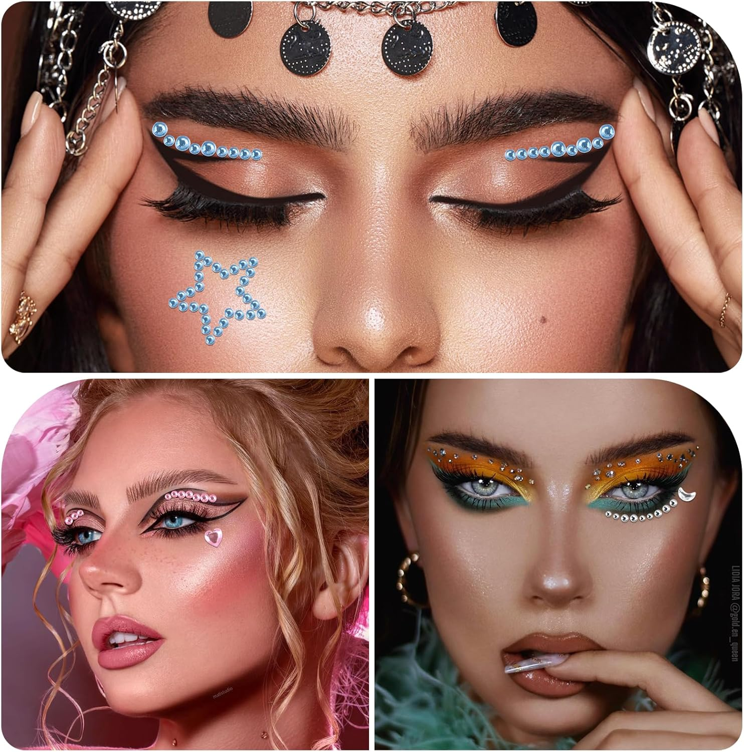 6 Sheets Rhinestone Stickers Face Jewels Gem Stickers, Makeup Rhinestones Stick On, Self Adhesive Jewel Stickers, Self Adhesive Face Gems for Makeup Heart Star Moon Faces Rhinestone Stickers for Women image number 4