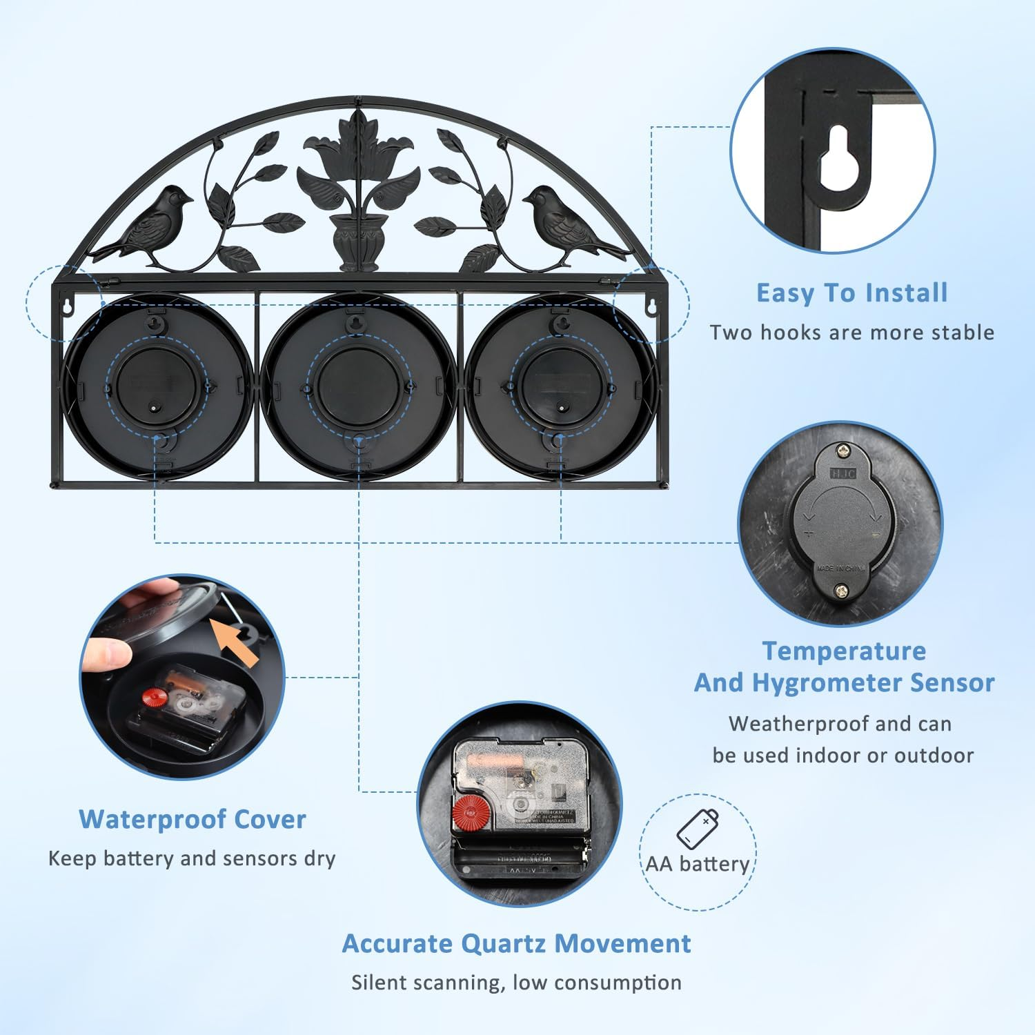 Tulivios 24 Inch Large Outdoor Clock, Pool Clock with Thermometer and Hygrometer Combo, Clock Outdoor Weatherproof Non-Ticking Quartz Battery Operated Decor Waterproof Clock for Patio, Garden, Porch - Gold image number 2