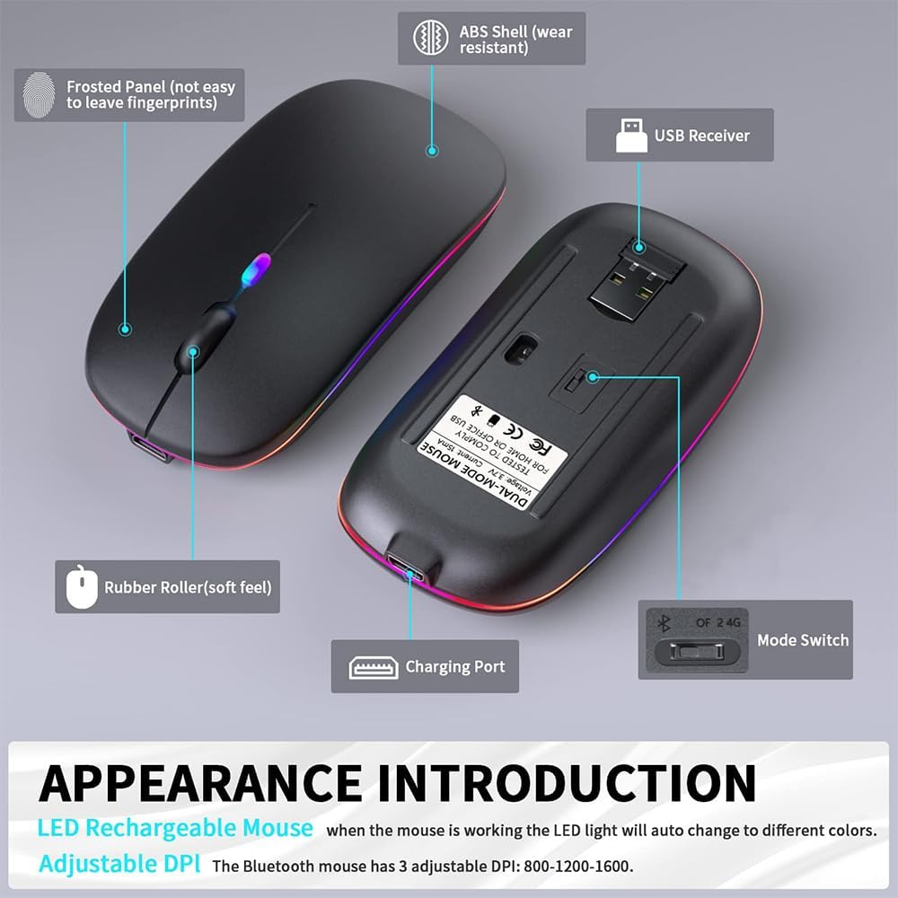 LED Wireless Mouse, Rechargeable Slim Silent Mouse 2.4G Portable Wireless Bluetooth Mouse Dual Mode with USB Receiver and Type C Adapter, 3 Adjustable DPI for Notebook, PC, Laptop (Black) image number 3
