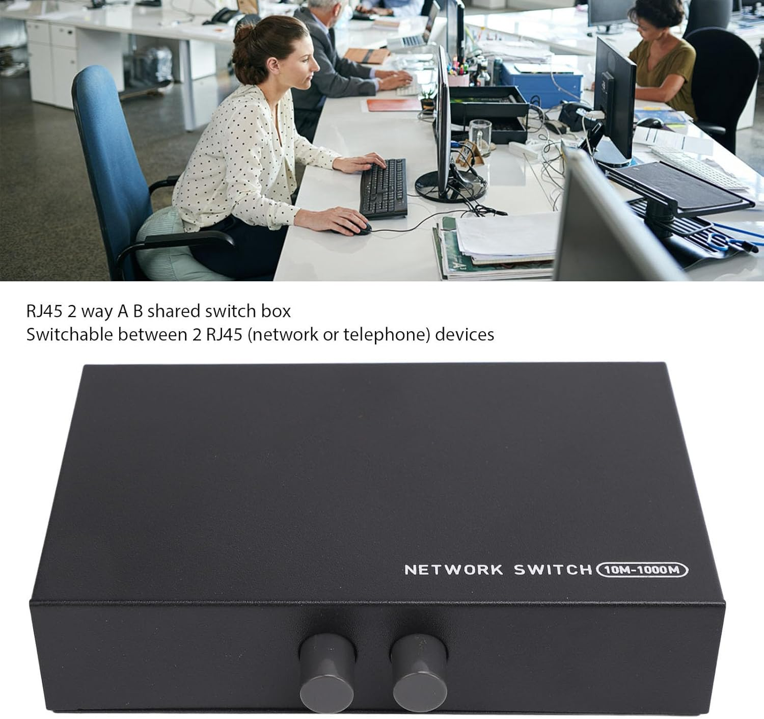 RJ45 Network Switch, Plug and Play 2 Way a B Selector Hub for Home with Iron Metal Casing, 100M 1000M Ethernet Splitter, Compatible for Network Devices image number 1