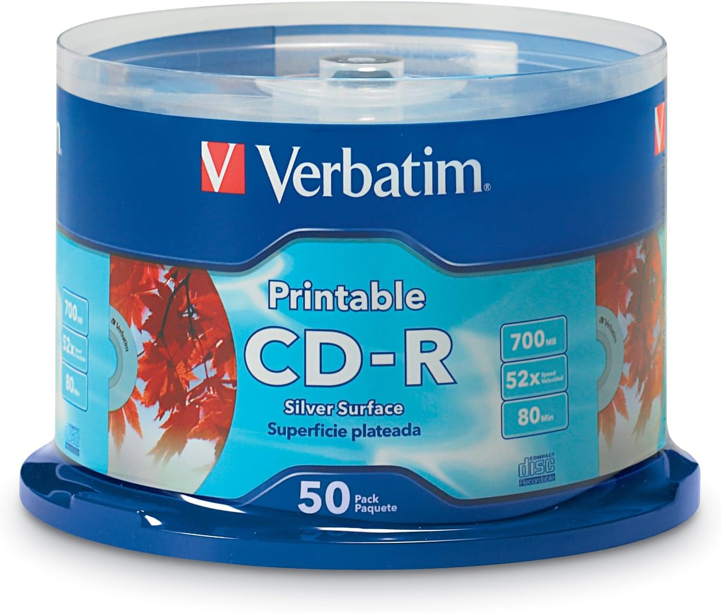 Verbatim CD-R 700MB 52X Silver Inkjet Printable - 50Pk Spindle, 50-Disc (95005) image number 1