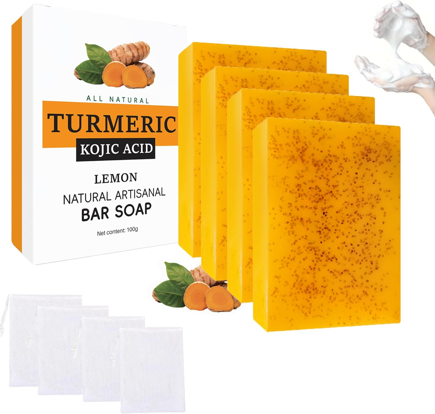 4PCS Turmeric & Kojic Acid Soap Bar with Natural Granular Formula,Skin Brightening & Hydrating Facial,Infused with Hyaluronic Acid & Collagen for Healthy Glowing Skin,100G image number 4