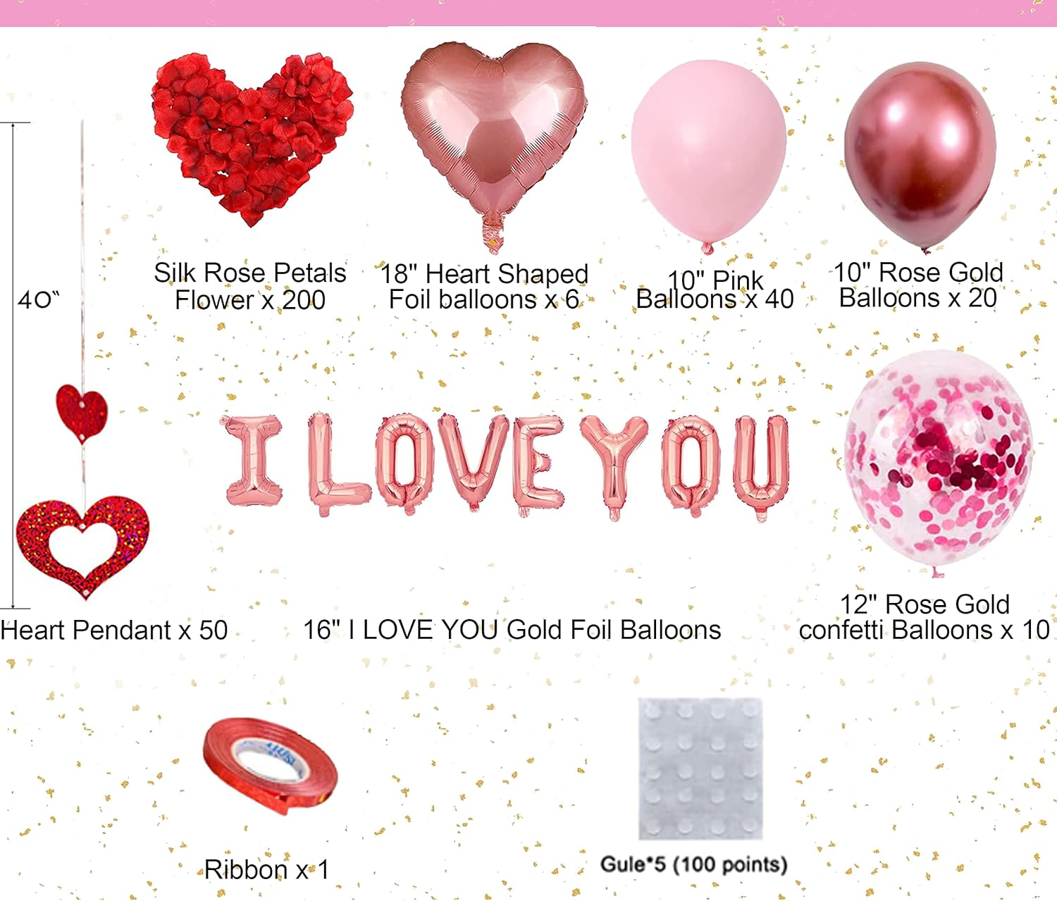 Bonropin Valentines Day Balloons Kit Rose Gold Pink Heart Balloons with Rose Petals I Love You Balloons for Anniversary Mothers Day Wedding Romantic Decorations Special Night image number 2