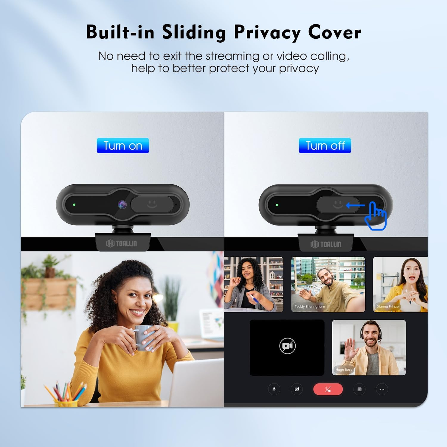 TOALLIN 4K Webcam for PC, 1/2.5" Sensor & 12MP, 1080P & 60FPS, PDAF Auto-Focus, Built-In Mic and Sliding Privacy Cover, USB Web Camera for Laptop, Conferencing, Streaming and Video Calls image number 2