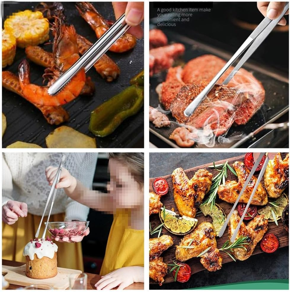 Cooking Tweezer Tongs,Caasfooy 6 Pcs Multifunctional Stainless Steel Food Tongs,Kitchen Tweezer Set,Professional Chef Tweezers for BBQ, Cooking,Buffet,Sea Food(Silver) image number 2