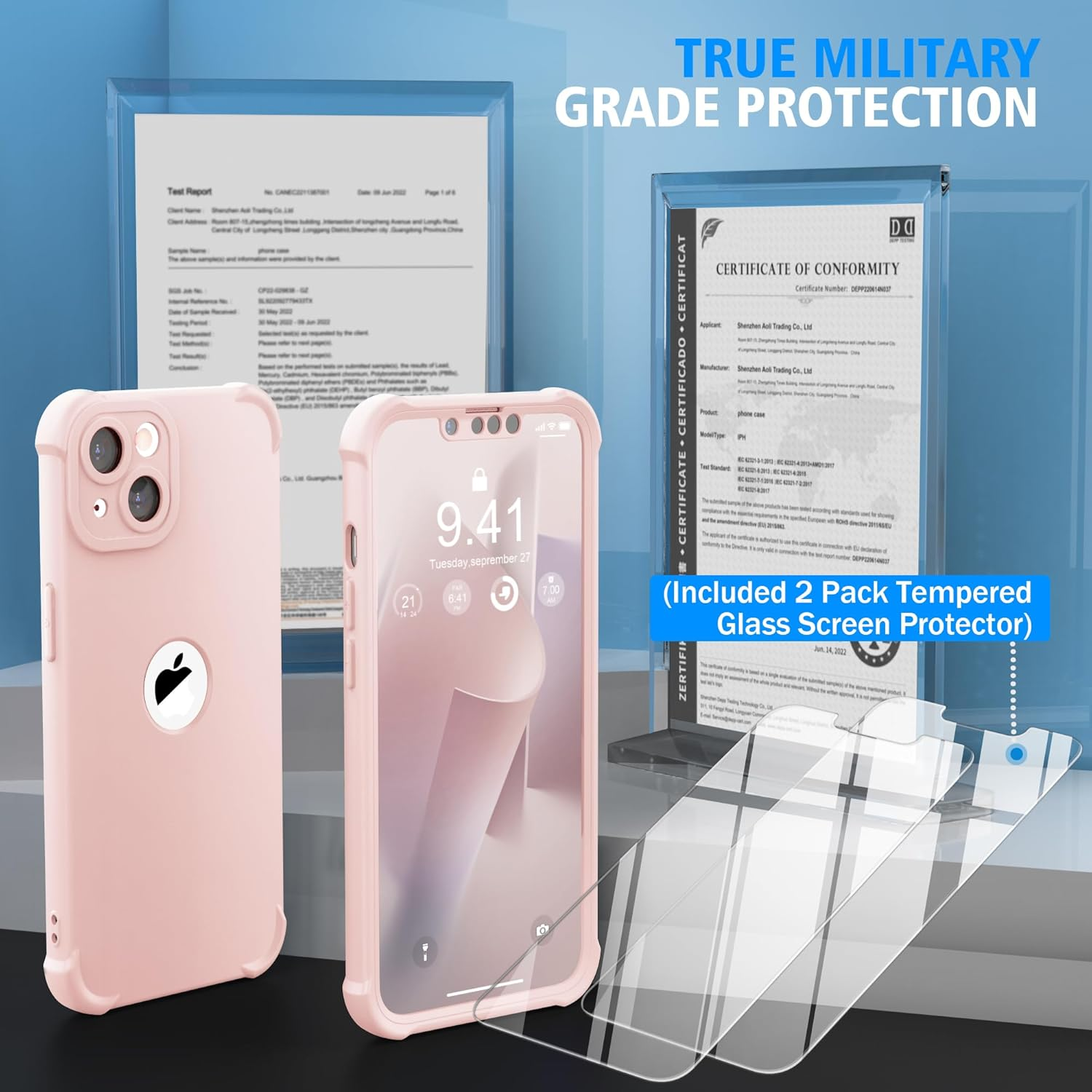 ORETECH Designed for Iphone 13 Case with 2 X Tempered Glass Screen Protector Shockproof Protection Cover Hard PC Silky Soft Touch Full Body Protective Case for Iphone 13 (2021) 6.1'' - Baby Pink image number 1