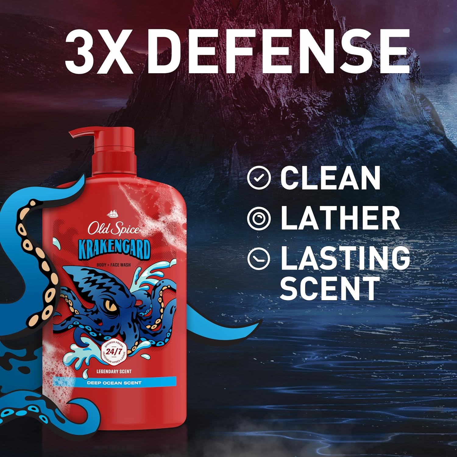 Old Spice Cleansing Body Wash for Men, 3X Defense, 24/7 Shower Fresh with Lasting Scent, 2-In-1 Body & Face Wash, Krakengard with Deep Ocean Scent, 33.4 (Pack of 4) image number 1