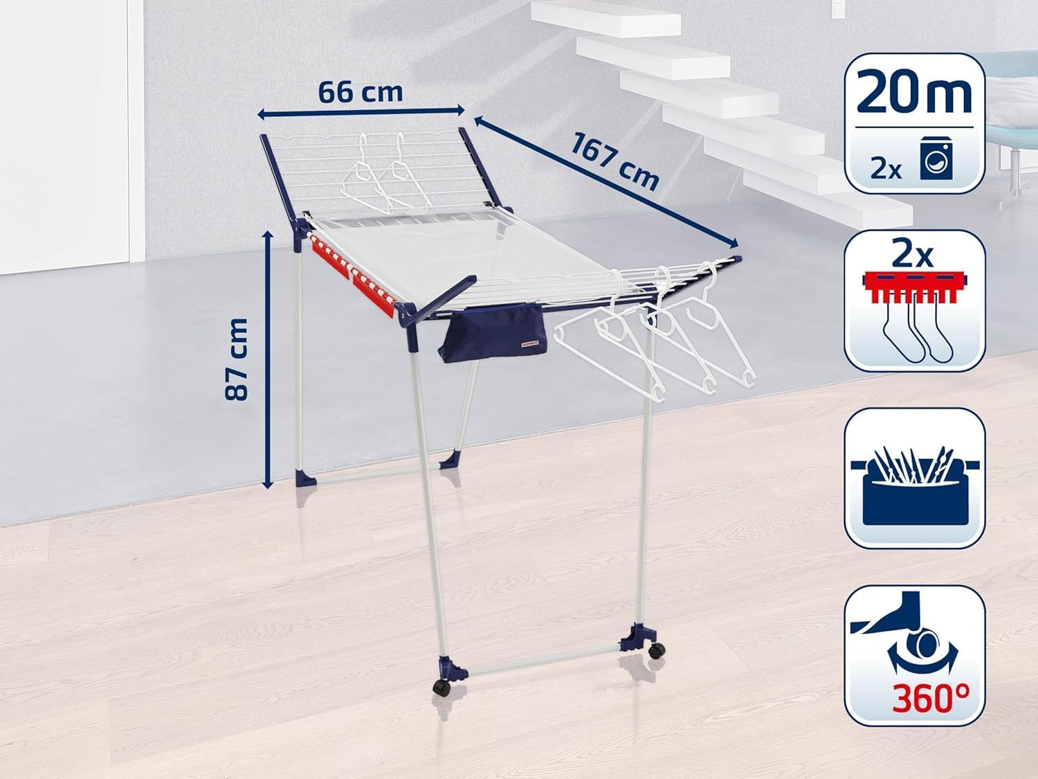 Leifheit Pegasus 200 Solid Deluxe Mobile Clothes Airer Dryer with 20 Meter Clothes Horse, White/Blue image number 1