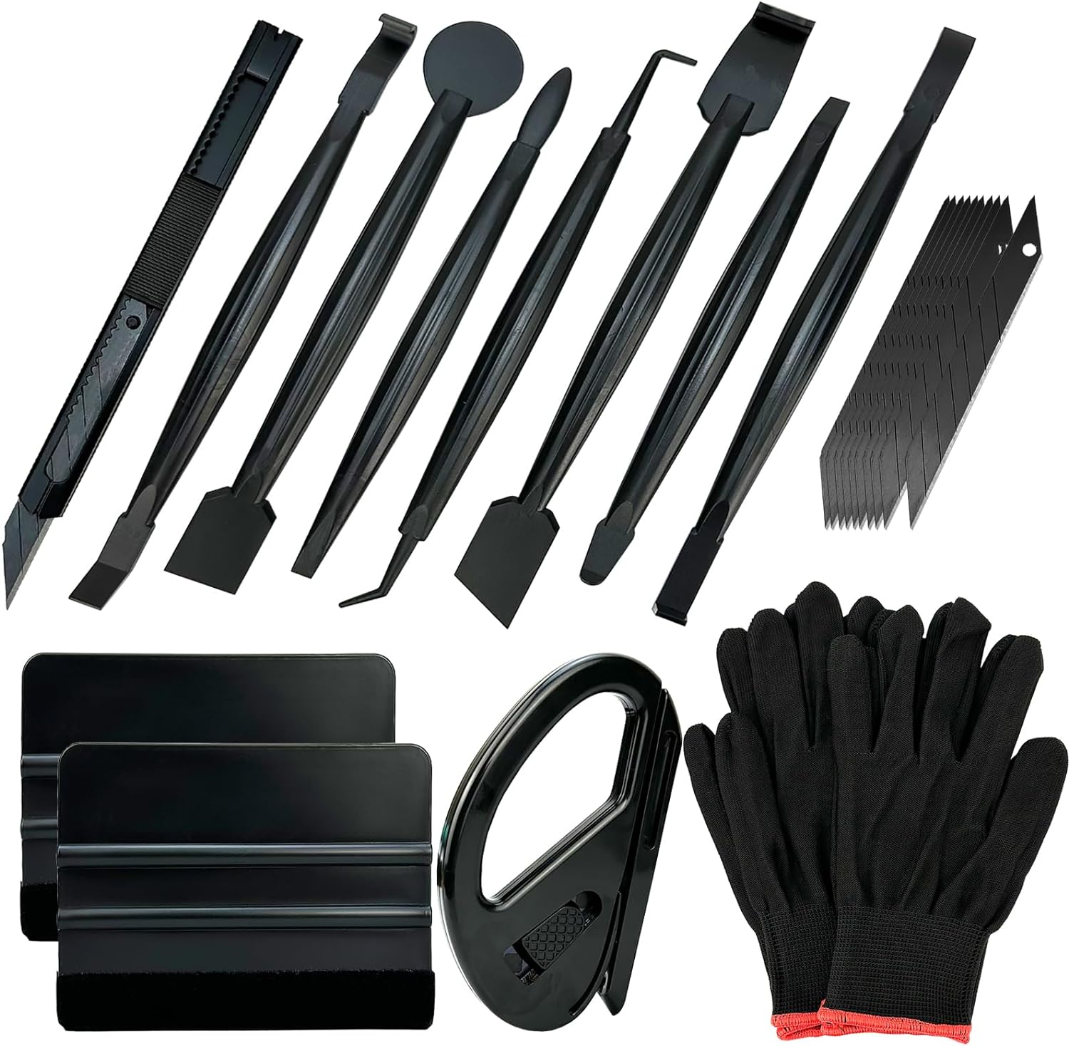 Umaki Automotive Vinyl Wraps Tools Tint Film Kit Wallpaper Tools Decal Applicator with 2 Pairs Vinyl Wrap Gloves, 4Inch Felt Squeegee, Razor Safety Cutter, Edge Trimmer, Black Vinyl Knife