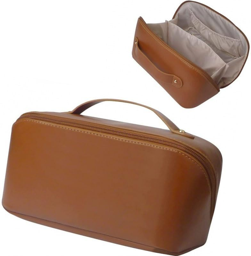 Limcryspp Large-Capacity PU Waterproof Makeup Bag, Open Design, Portable Travel Cosmetics Storage Bag, Can Store Skin Care Cosmetics and Toiletries (White)