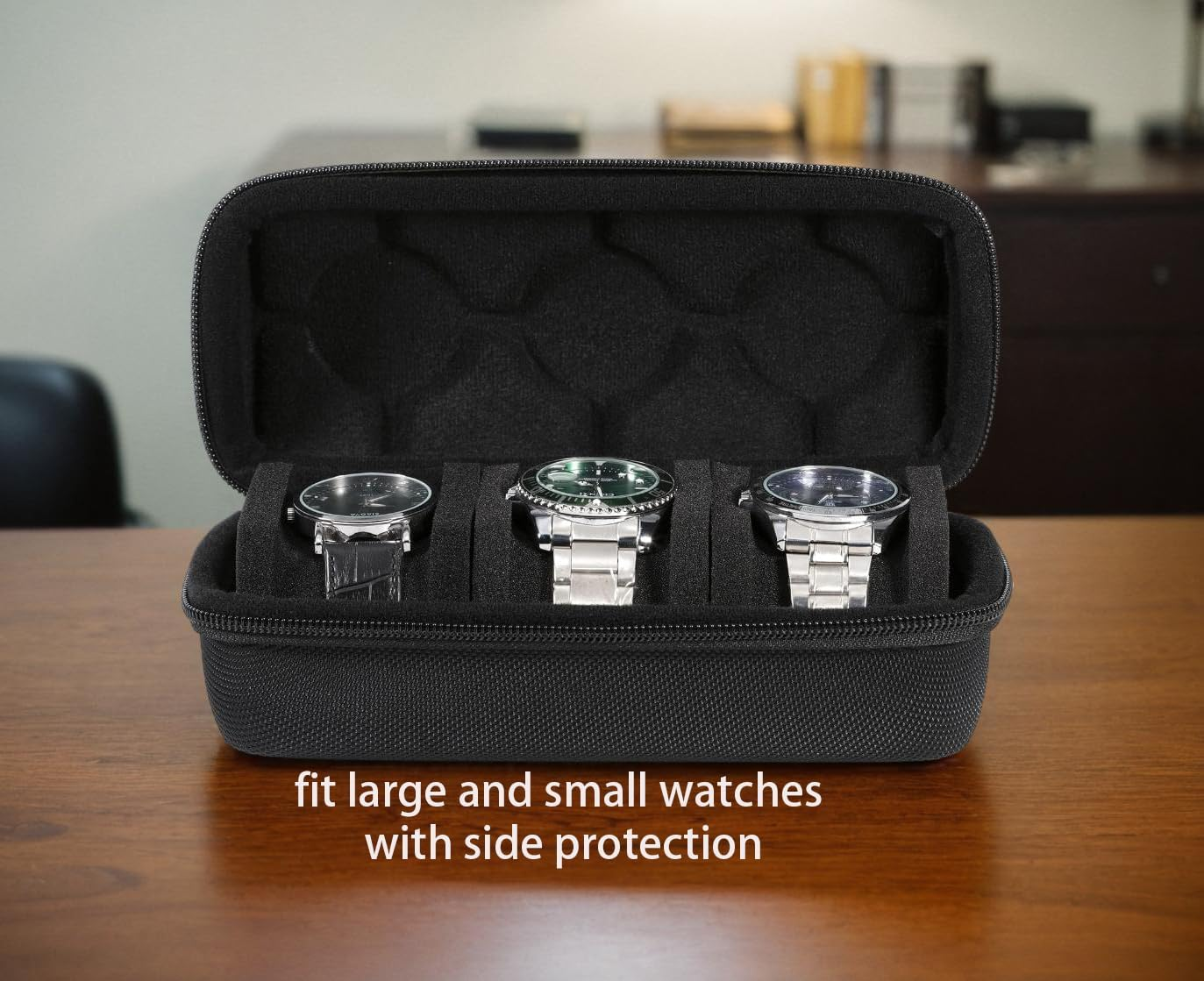 SAFEBUDDY Watch Travel Roll Case Box for 3 Watches, Hard Safe Transfer Case with Soft Protective Pillow,Fit Most Watches up to 60Mm Face(3Slot) image number 2