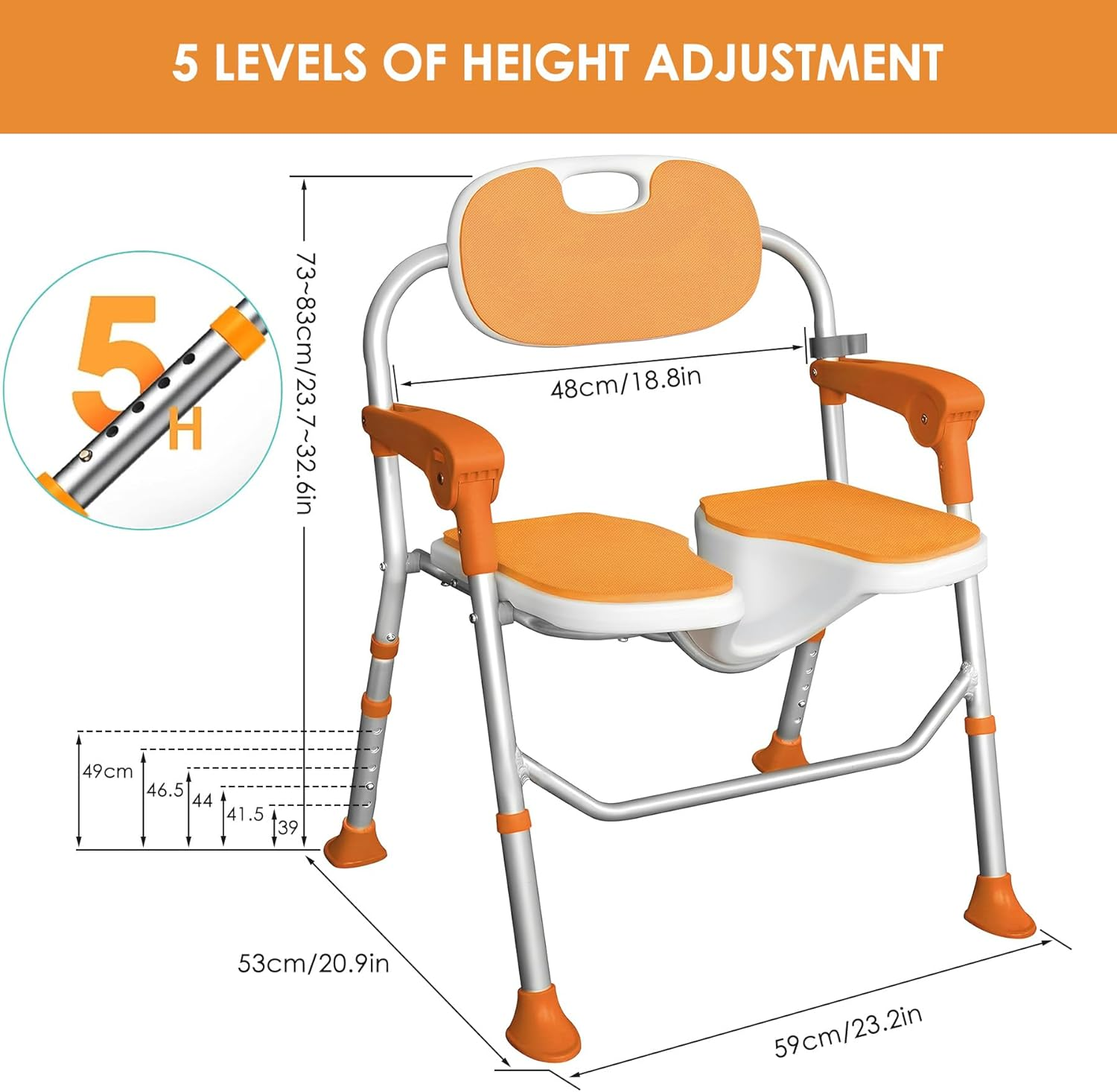 Folding Shower Chair with Arms and Back 350 LB, Folding Shower Chair 5-Level Adjustable, Non-Slip Feet Shower Seat Cutout for Private Washing,For Elderly,Disabled, Seniors & Pregnant image number 2