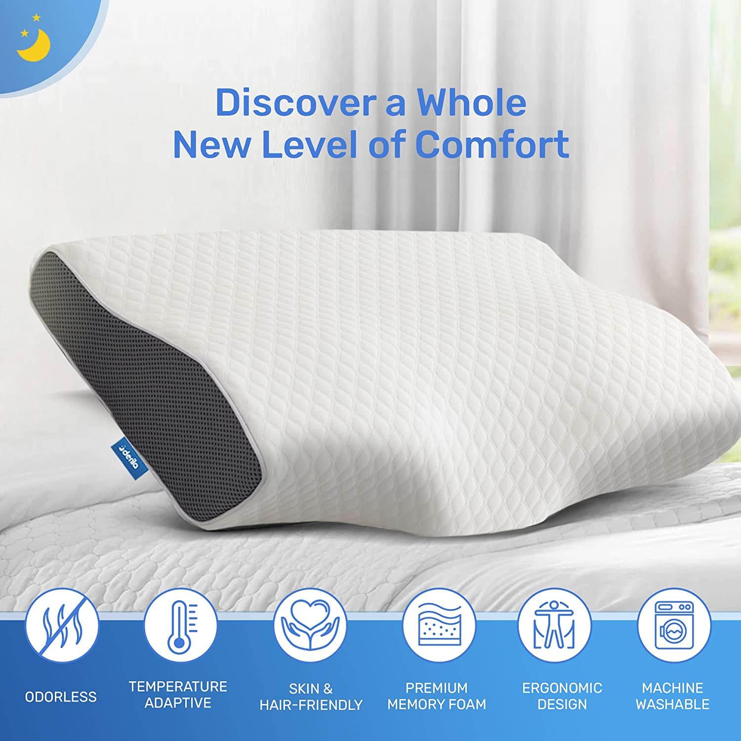 Derila Queen Size Cervical Neck Pillow. Ergonomic Bed Pillows for Sleeping. Contour Memory Foam Pillow for Neck & Shoulder Pain Relief, anti Snore. Back, Stomach, Side Sleepers.