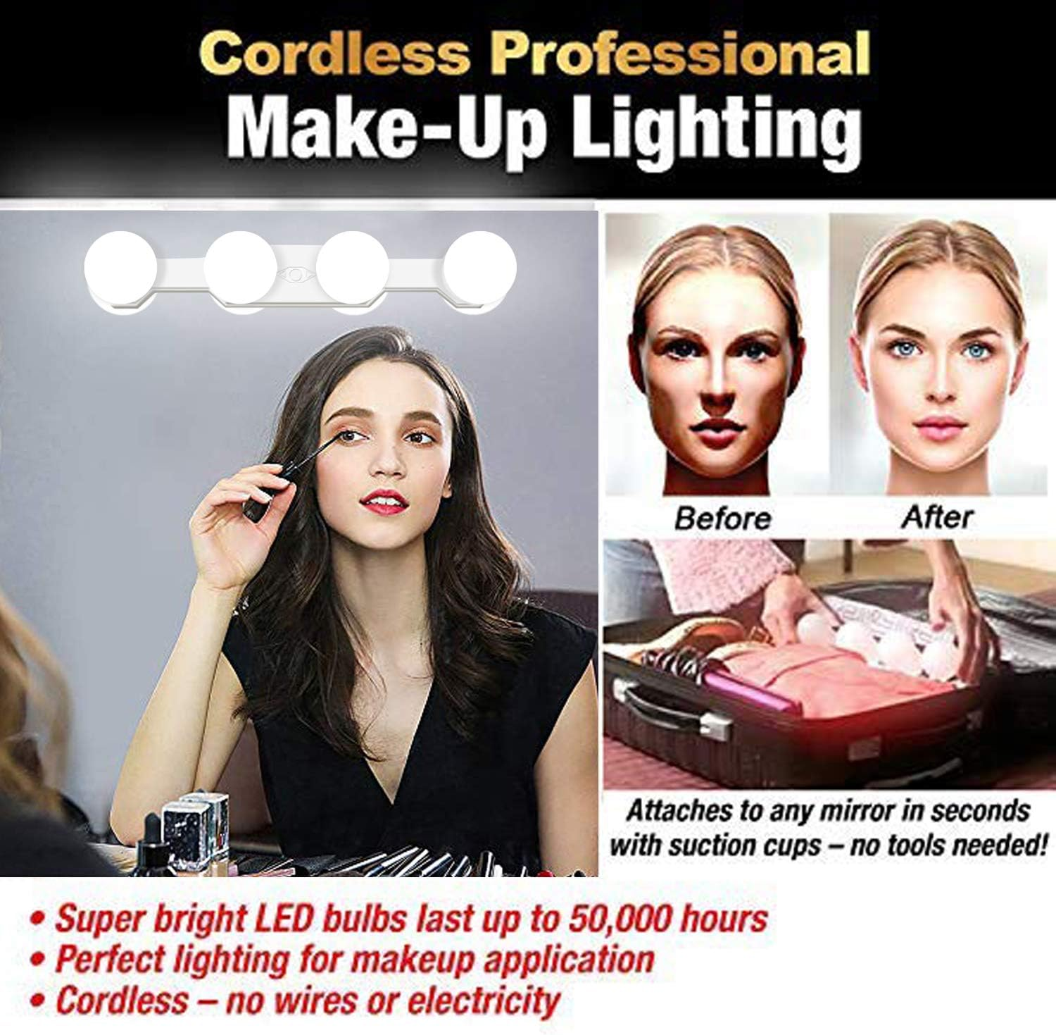 Portable LED Vanity Mirror Lights, 2000Mah Rechargeable Makeup Mirror Lights with 4 LED Bulbs,Simulated Daylight for Bathroom Makeup Dressing Table Lights,Kitchen Lights,Wardrobe Lights image number 6