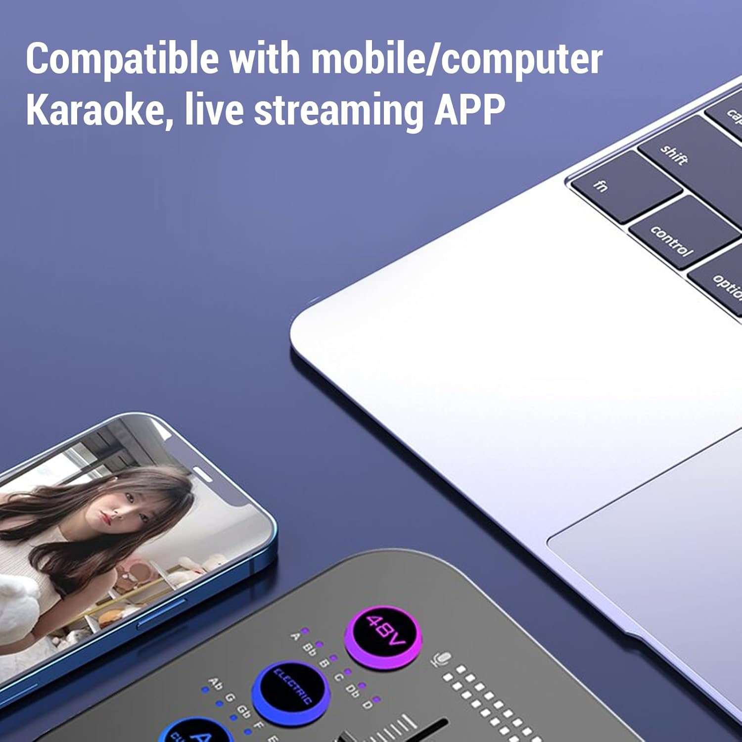 Gaming Audio Mixer, Streaming RGB PC Mixer, with 48V Phantom Power, BT, Individual Control, Volume Fader, Mute Button, for Podcast, Recording image number 1