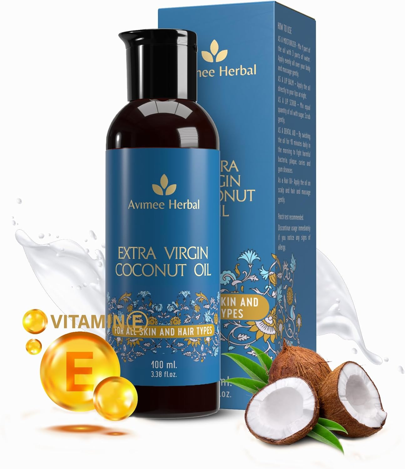 AVIMEE Herbalcold Pressed Extra Virgin Coconut Oil | for Deeply Moisturized Skin & Hair | Enriched with Vitamin E | Mineral Oil Free | 100 Ml image number 2