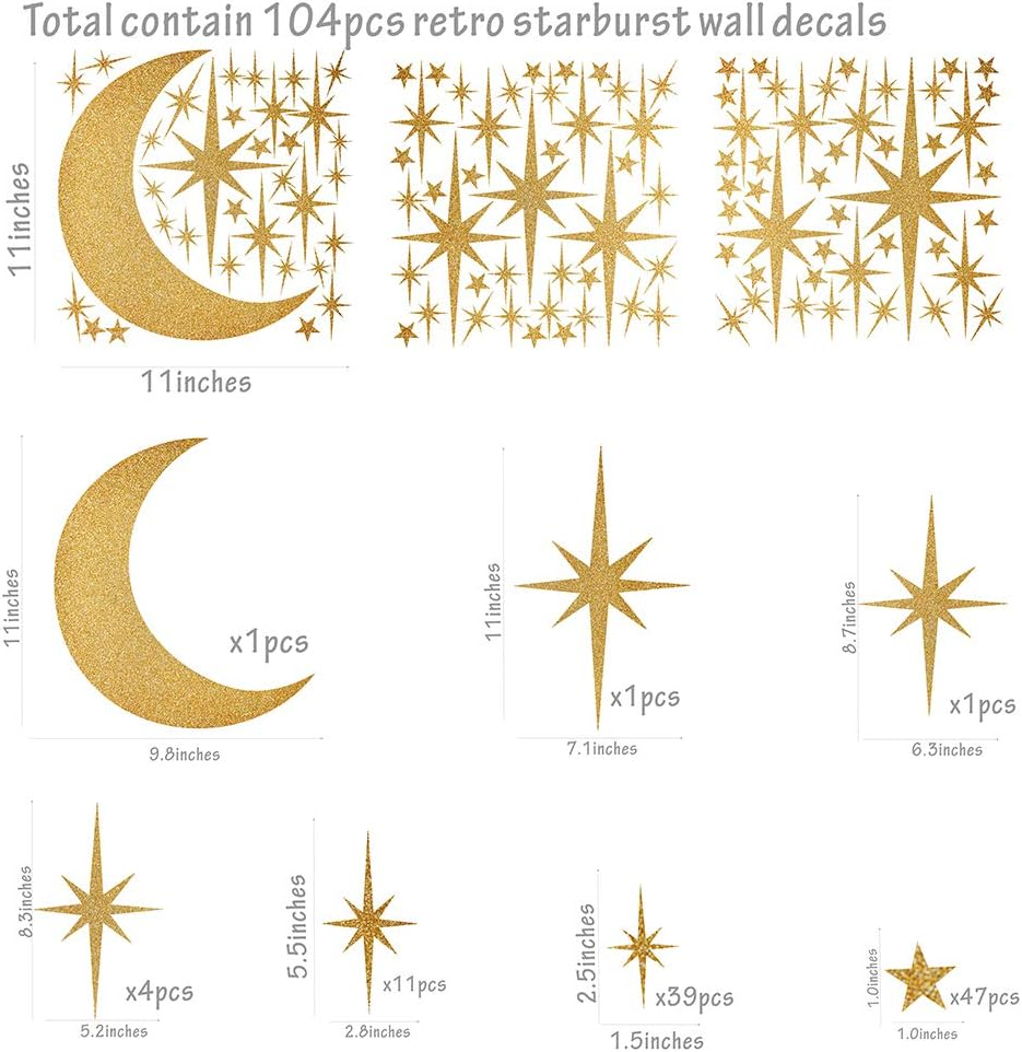 Easma Retro Starburst Wall Decals - Atomic Star Stickers for Girls Room - Peel and Stick Moon Decals image number 2