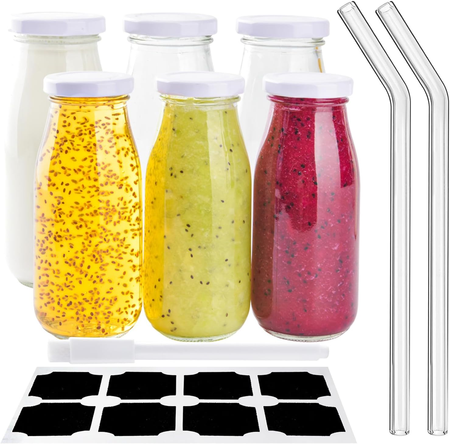 V&middot;Colokishi 6Pcs 250Ml Glass Milk Bottles with Lids, Mini Milk Bottles, Glass Straws, Labels and Whiteboard Pen for Beverages, Weddings Decoration image number 4
