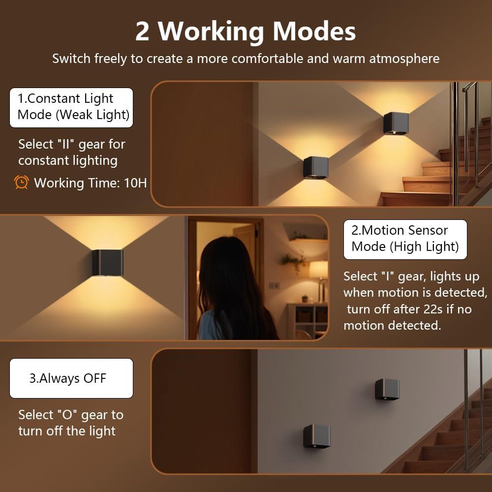 Ainostone Battery Wall Lights with Motion Sensor, Pack of 2, LED Wall Lights with Motion Sensor, Warm White, 2 Modes, USB-C Rechargeable, Adjustable Light Angle for Indoor, Hallway, Stairs, Bedroom image number 1