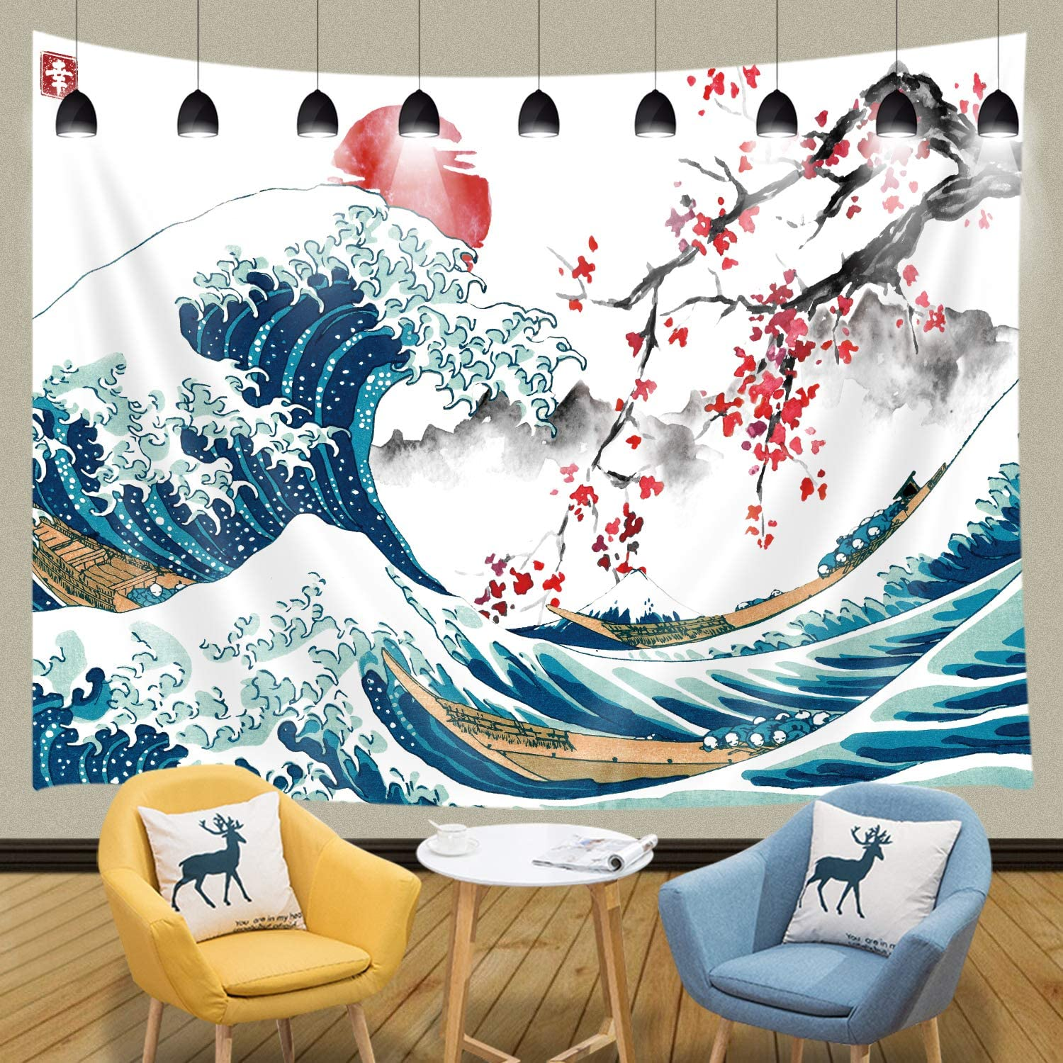 MERCHR Japanese Wave Wall Tapestry, Cool Ocean Wave Decoration, Asian Anime Mount Red Sun Cherry Blossom - 60X40 Inches image number 6
