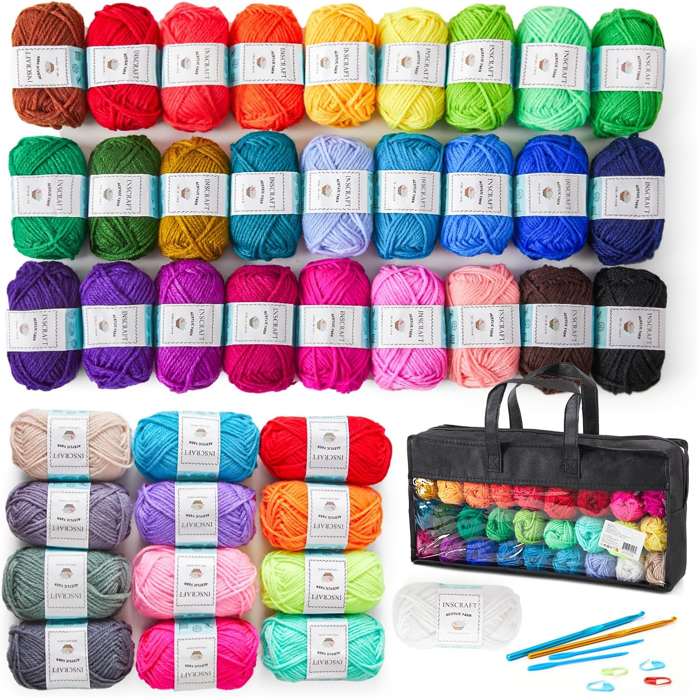40 Acrylic Yarn Skeins 2000 Yards Craft Yarn with Reusable Canvas Bag Includes 6 E-Books 2 Crochet Hooks 2 Weaving Needles 4 Locking Stitch Markers for Crochet & Knitting by Inscraft image number 2