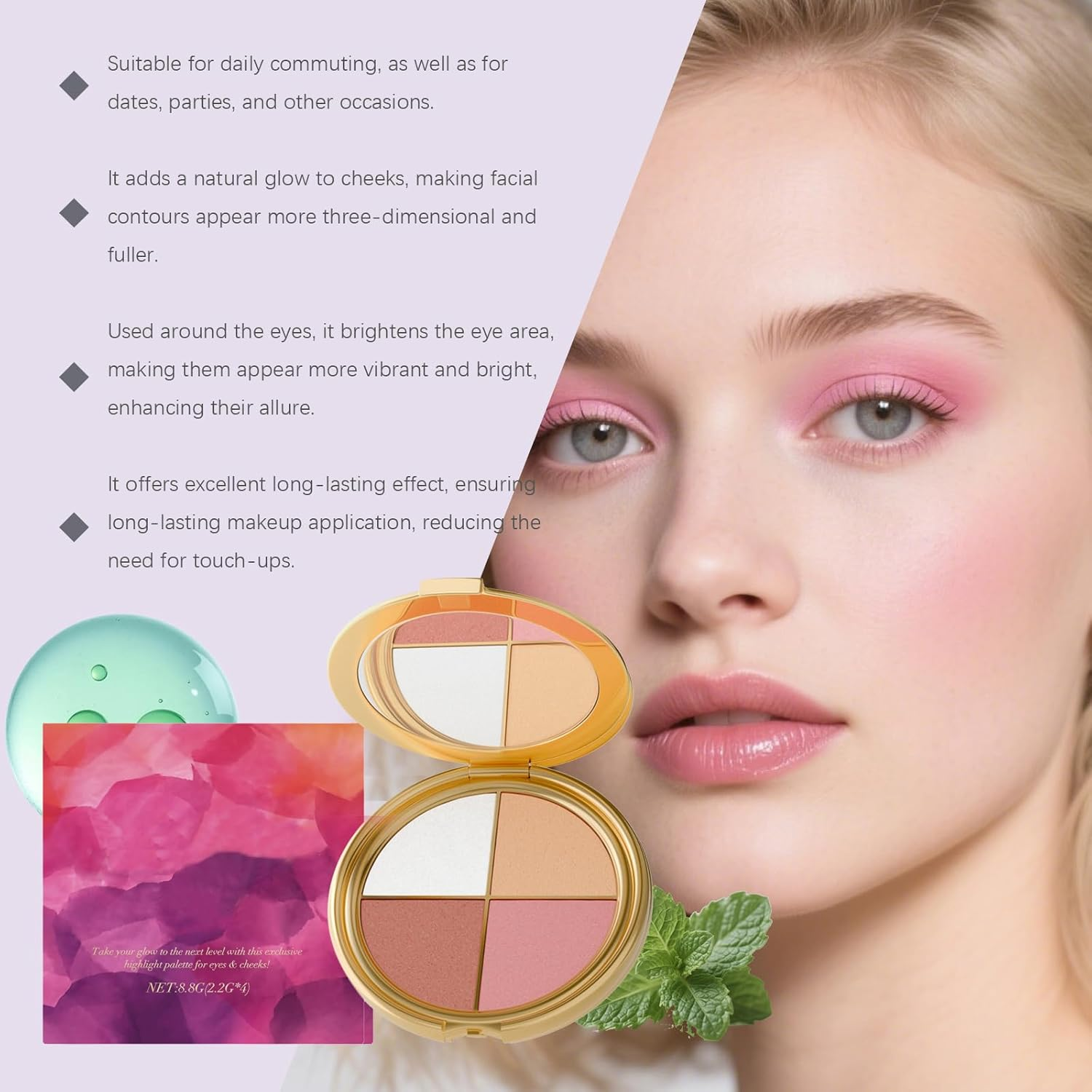 Highlighting Eye&Cheek Palette - Eyeshadow and Highlighter Makeup, 4-In-1 Highlight Shades Makeup for Blush, Silky Smooth and Easy-Blending, Natural Glow Contour Powder, for Cheeks and Eyes (2Pcs) - 4Pcs image number 2