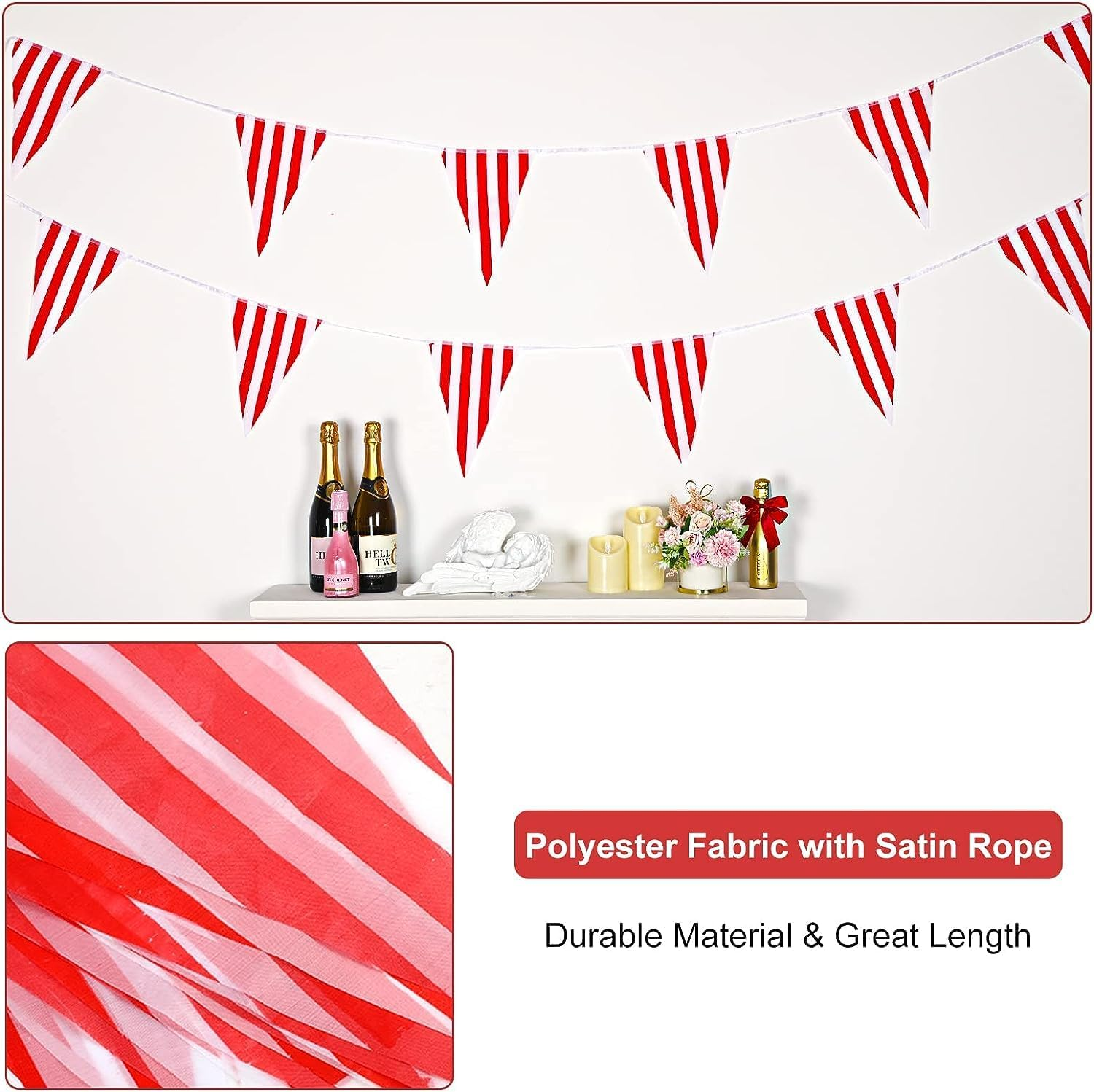 Red and White Pennant Banner Flags,100Ft 48 Pcs Large Bunting String Triangle Flags,Red White Striped Pennant Banner Flags Triangle Bunting Flags,Triangular Flag Banner Flag Pennant Banner Flags image number 1