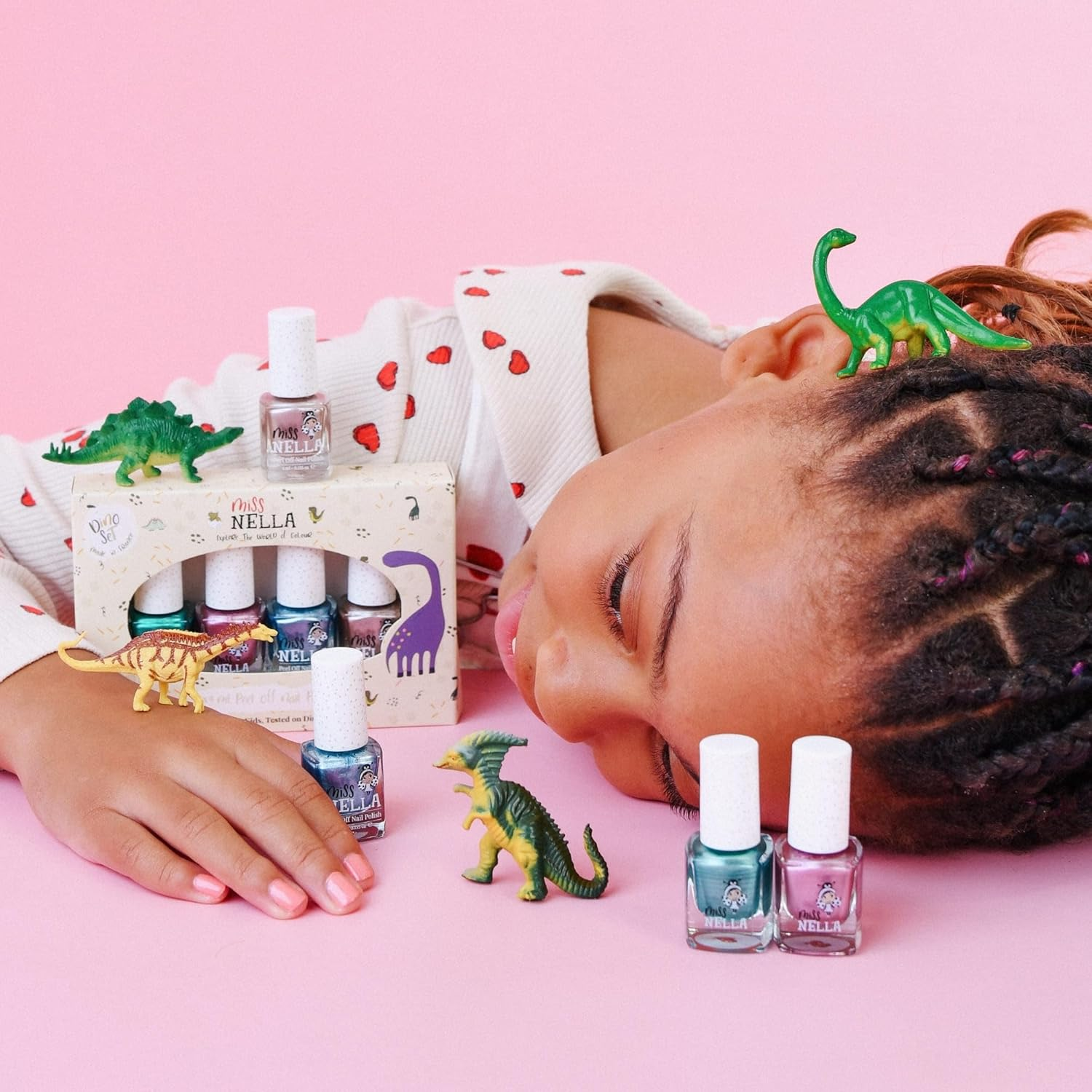 Miss Nella Magic Safari Glitter Nail Polish Set of 4: Pink, Red, Purple & Blue, Peel-Off Nail Polish Especially for Children, Peel-Off Formula, Non-Toxic, Water-Based and Odourless (Dino) image number 2