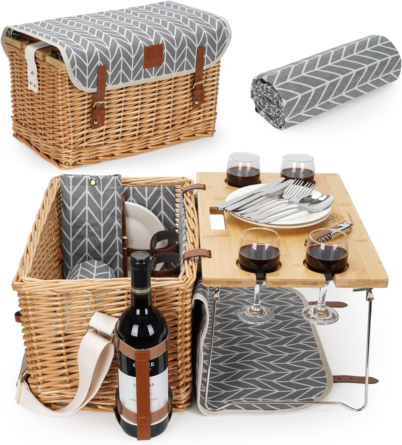Luxury Picnic Basket, Wicker Picnic Set for 4, Picnic Hamper with Blanket & Portable Table for Camping and Outdoor Party - Gray image number 4