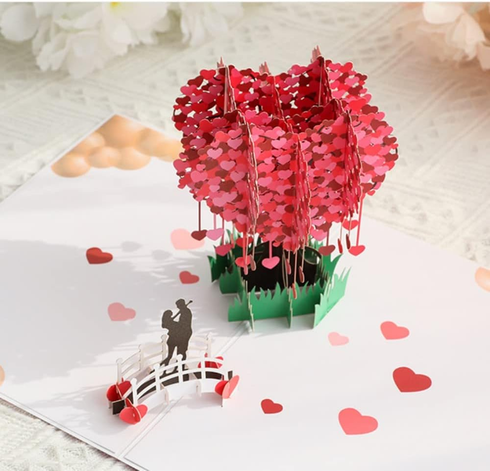 Pop up Greeting Wedding Card, 3D Anniversary Valentines Day Engagement Love Heart-Shaped Cherry Blossom Card Gifts with Blank Cards and Envelopes for Her Him Wife Husband Girlfriend Boyfriend image number 4