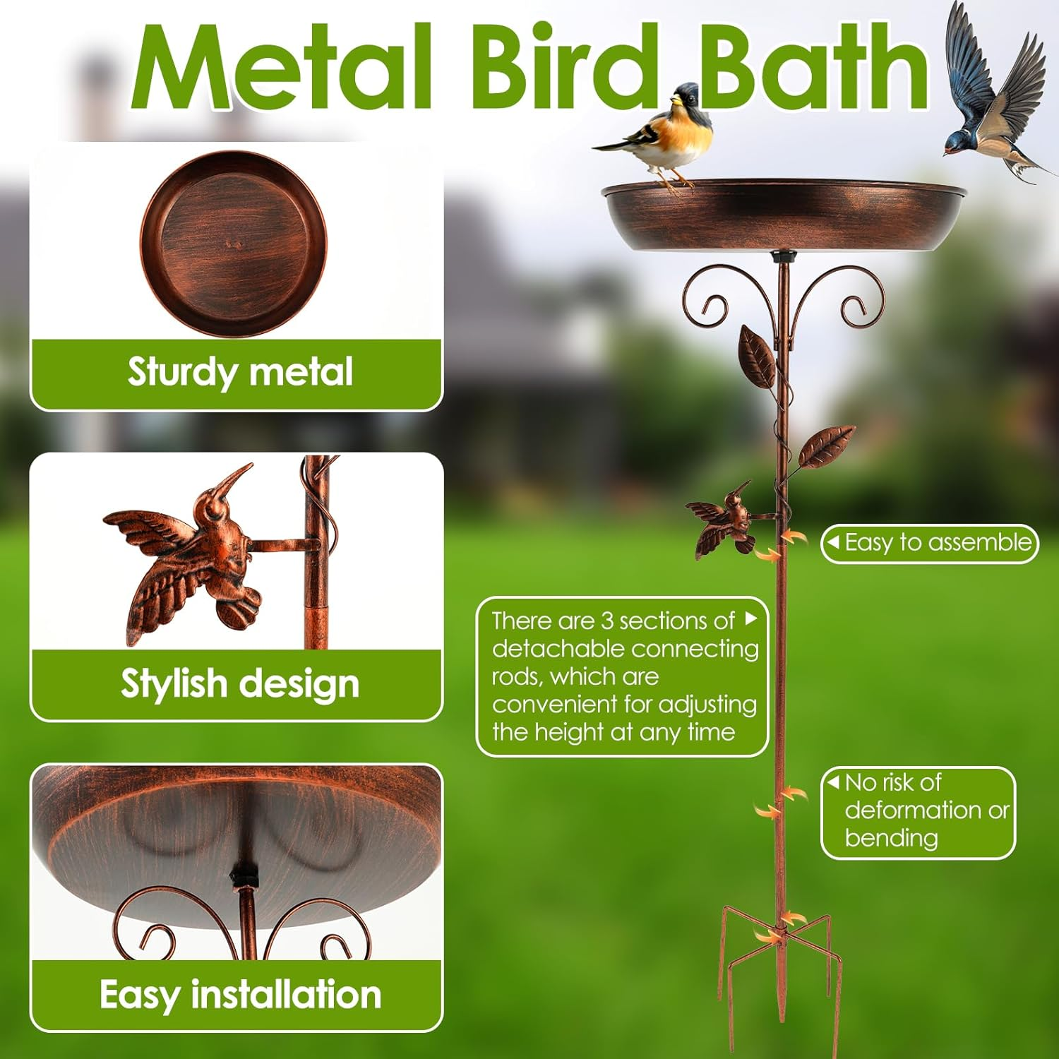 Standing Metal Bird Bath, 30 X 80 Cm, Garden Standing with Metal Stake, Water Bath for Birds, Retro, Frost-Proof, Winterproof, Bird Bath for Birds, Outdoor, Garden, Yard, Lawn (Retro) image number 2