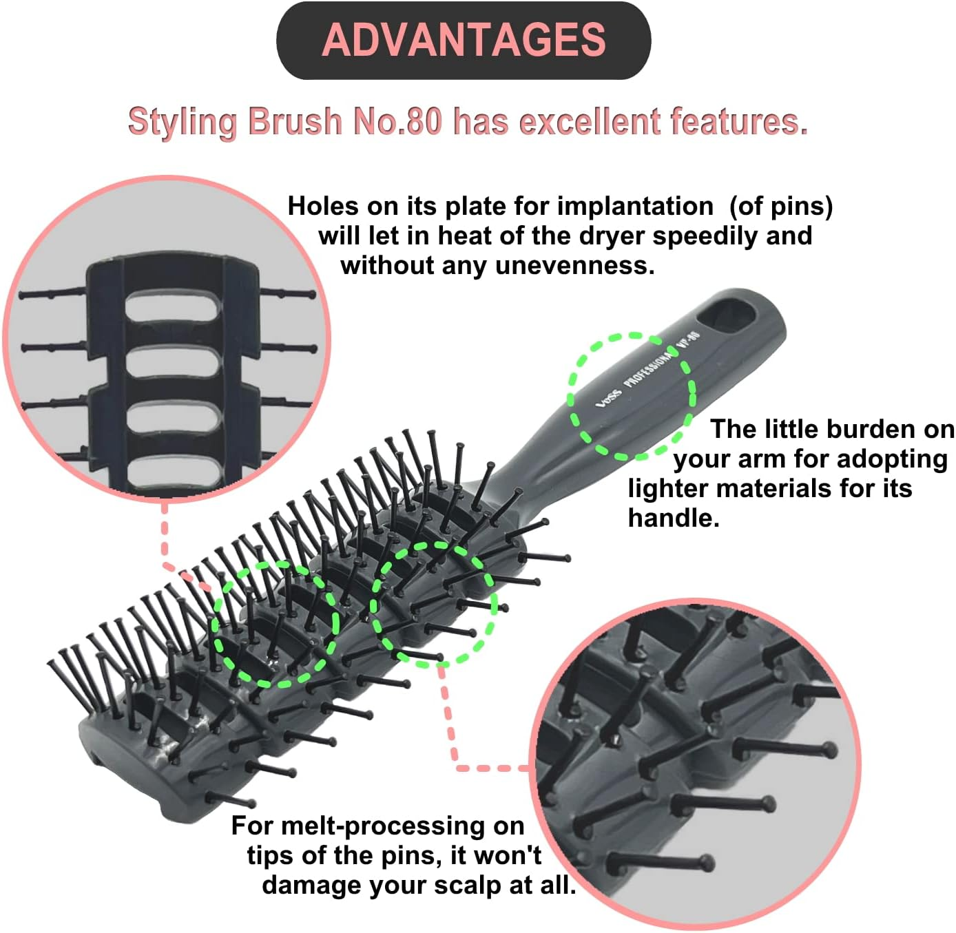 VESS Styling Ceramic Hair Brush 9-Row round Type, for Bow and Styling Made in Japan (VP-80 Gray) image number 4