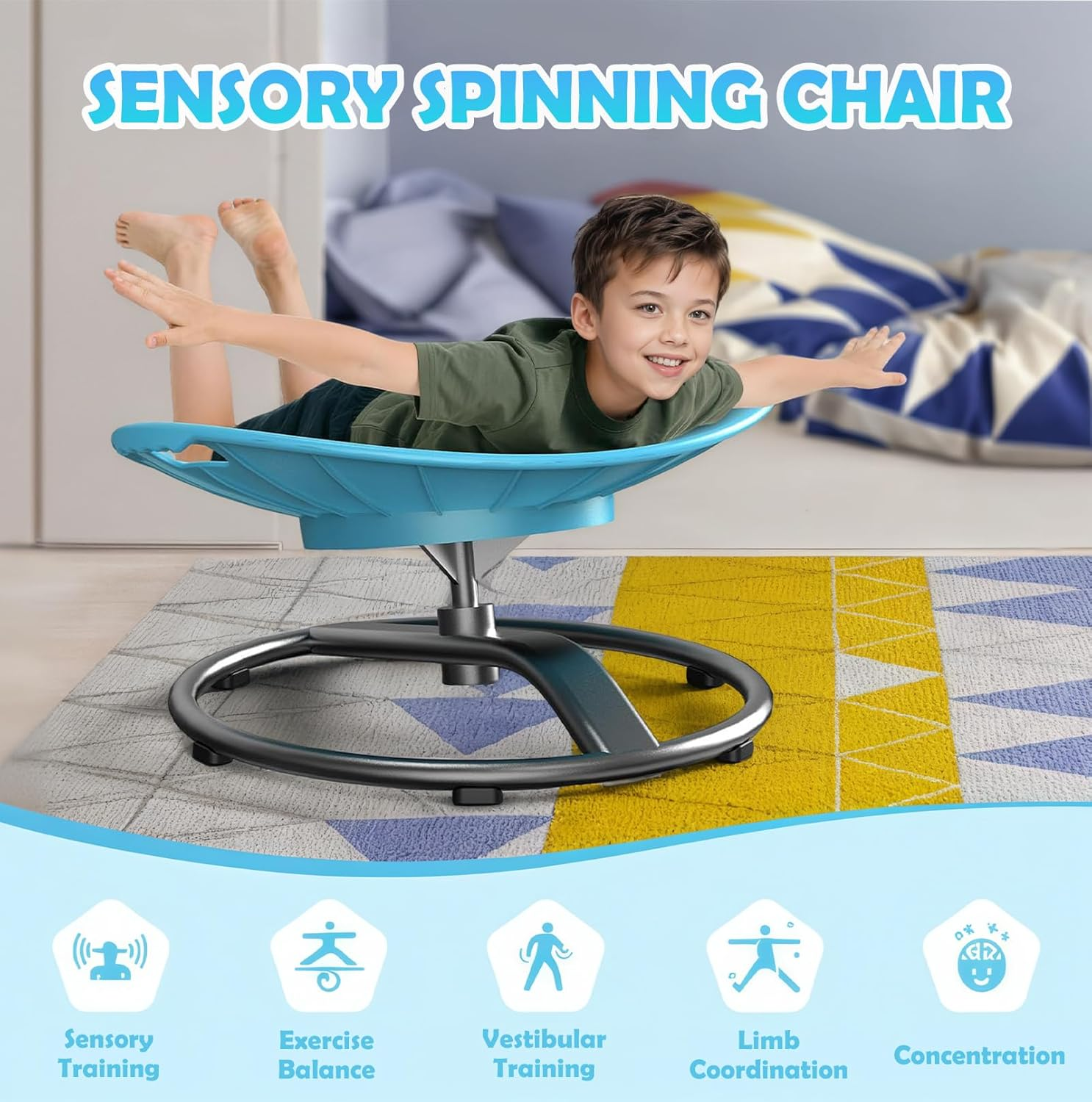 Sensory Swivel Chair for Children, Sensory Spinning Chair for Autistic Kids with Grips (Blue) image number 5