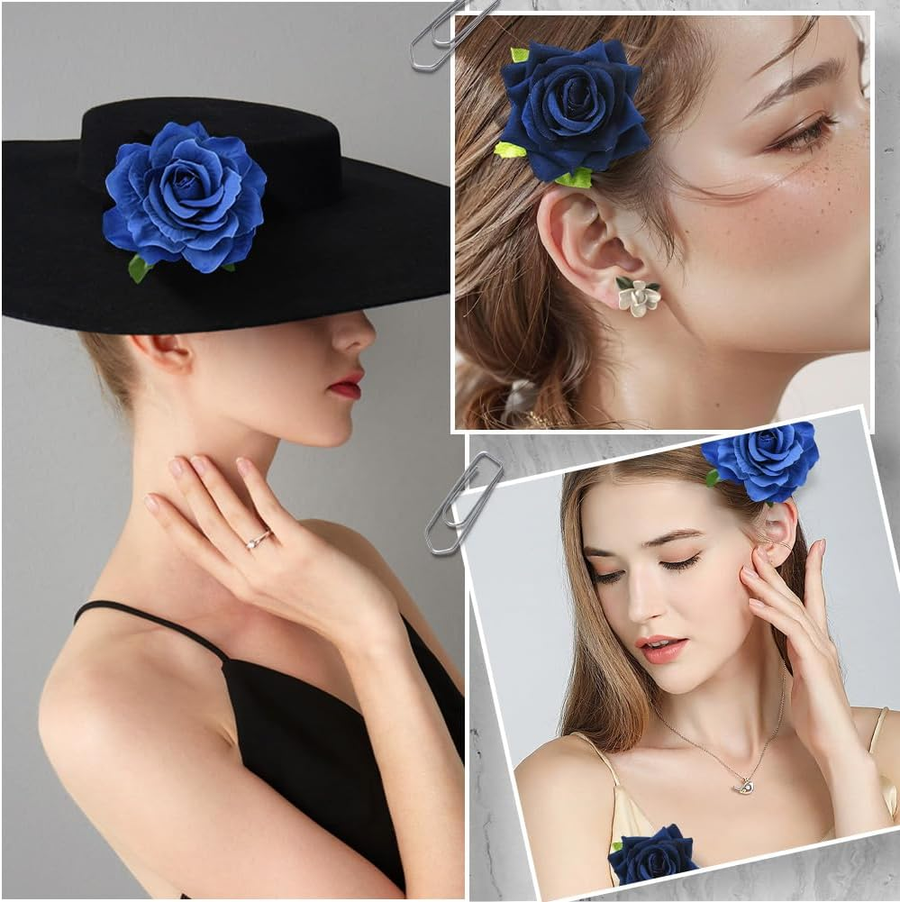 SOFPLATE Pack of 4 Navy Blue Rose Hair Clip 2 in 1 Flower Brooch Fabric Flowers Headwear Hair Pins Hats Bags Clothing Decoration Accessories for Weddings Parties Mother'S Day Fancy Dress Accessories G image number 5