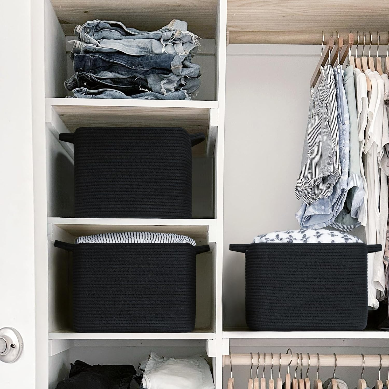 INDRESSME Woven Storage Basket, Black Baskets for Gifts, Nursery Toy Basket, Rope Baskets for Organizing, Shelf Storage, Multi-Purpose Organizer for Shoes, Clothes, Towels, Laundry 13 X 10 X 9 Inches - Grey image number 4