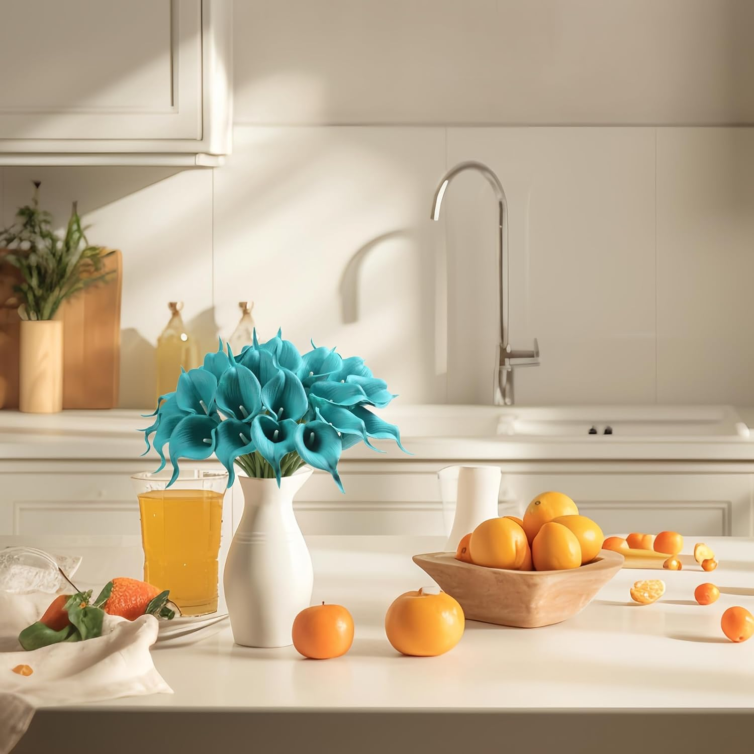 SITUMEIZI 24 PCS Teal Fake Flowers Artificial Calla Lily Silk Flowers Real Touch for Mother'S Day Easter Home Kitchen Decor Wedding Bouquet Office Spring Decoration(Teal Blue) - Blue image number 7