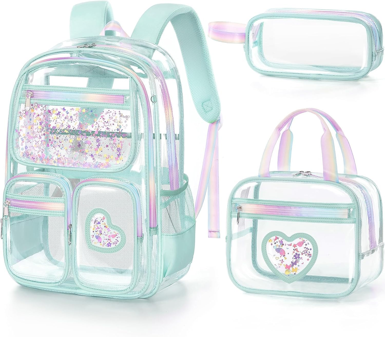 Fimibuke Clear Backpack for Girls, 3PCS Heavy Duty PVC Transparent Kids Backpack for Teen Girl with Lunch Box & Pencil Case