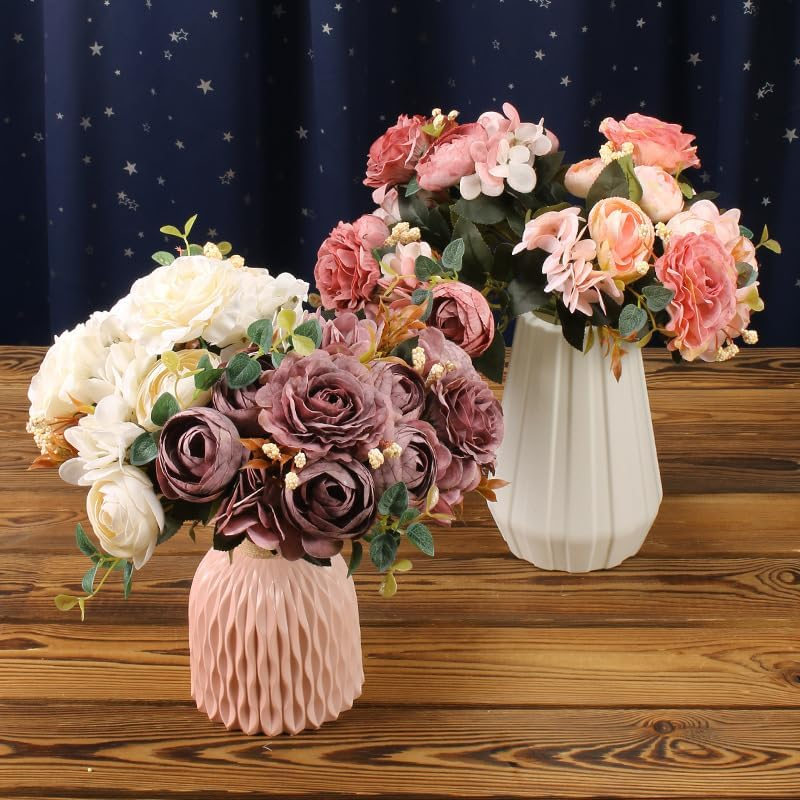 AU018-4 Artificial Hydrangea and Camellia Flowers Pink Bouquet Lifelike Fake Floral Home Office Shop Wedding Party Decor,Real-Touch Fabric and Plastic,29Cm(11.4") - Pink image number 5