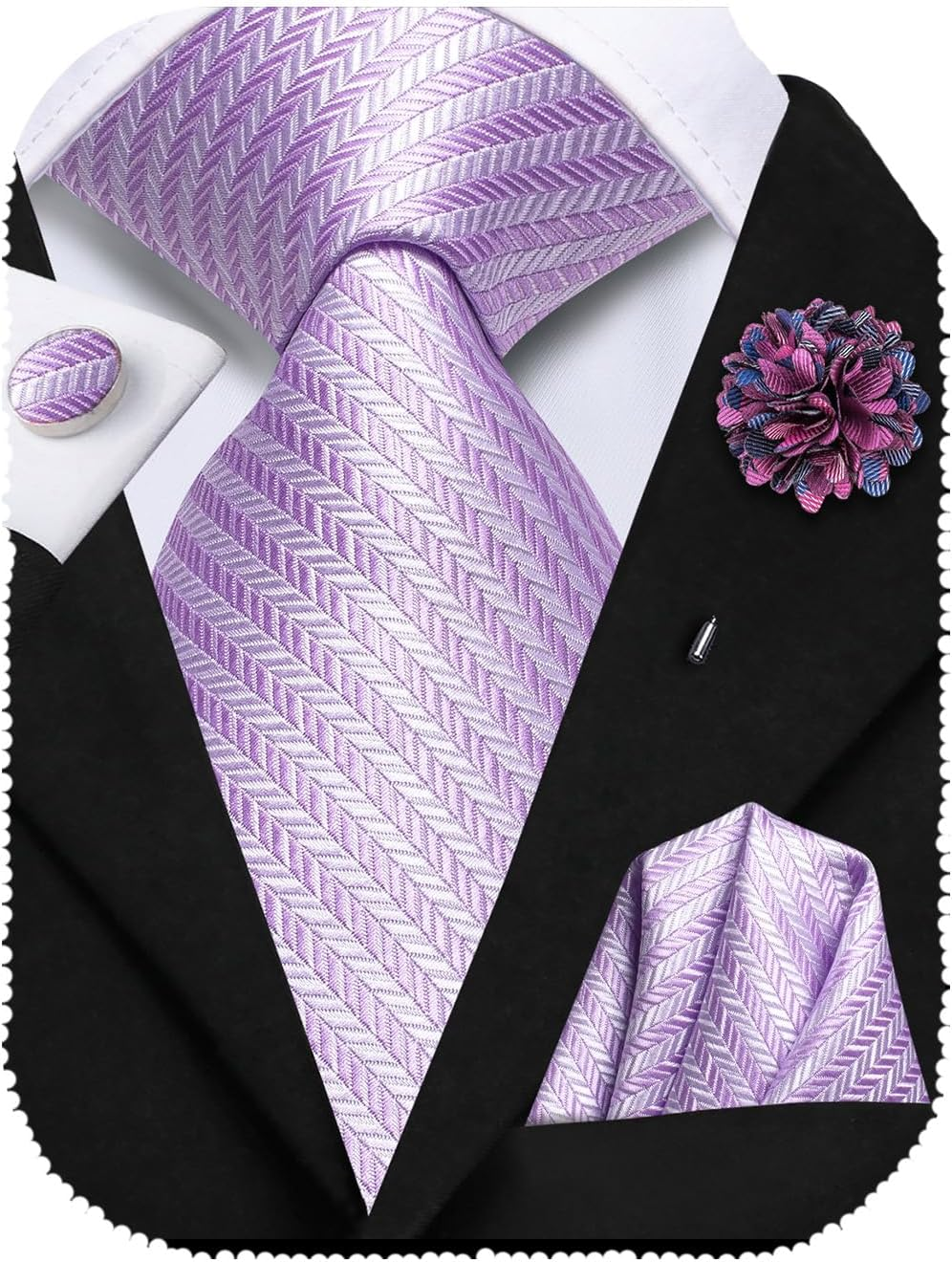 Hi-Tie Silk Men'S Tie and Pocket Square Cufflinks Lapel Pin Set Jacquard Wedding Business Necktie for Formal - Black Purple Green image number 2