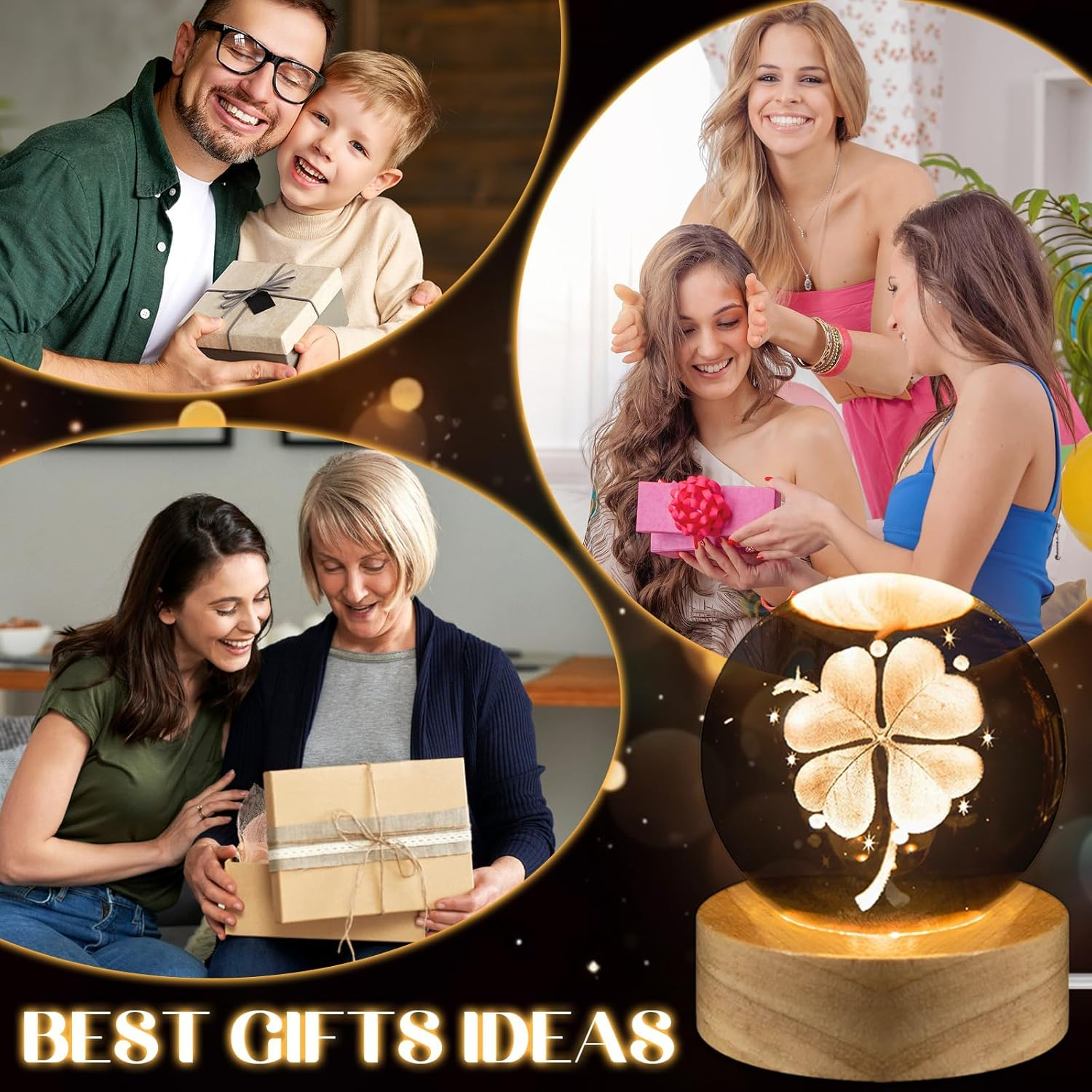 3D Crystal Ball Night Light, 60 Mm Four-Leaf Lucky Charm Clover Crystal Ball, Glass Ball Lamp Decoration with Wooden Base, Christmas Gifts Night Light for Children for Christening, Birthday